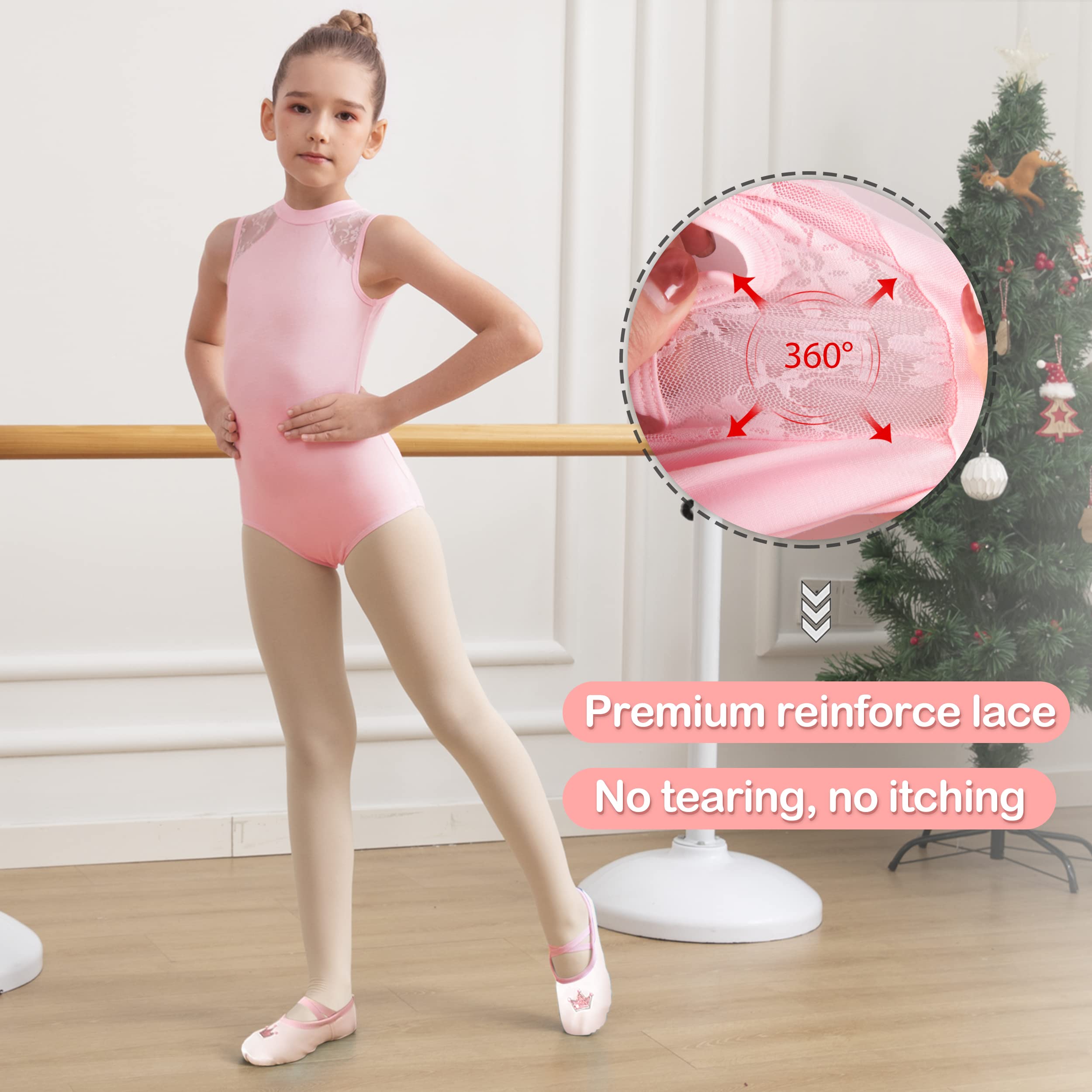 MOLLDAN Girls Dance Leotard with Lace Neckline & Back Bow - Ballet Gymnastics Leotard Top for Kids - Perfect for Dance Recitals, Ballet Classes & Gymnastics Practice