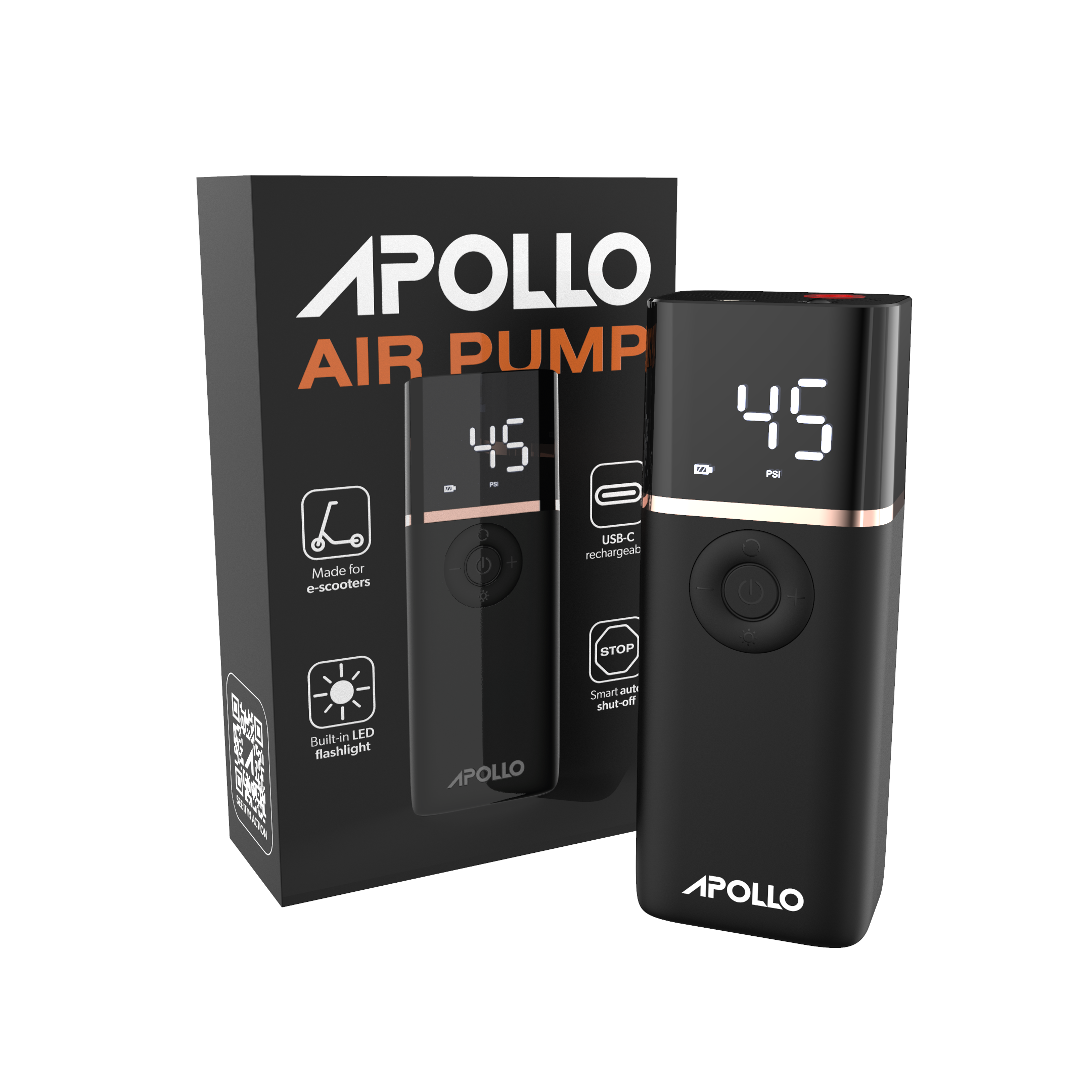 Apollo Powered Air Pump - Portable Electric Air Compressor for Inflating Tires, Sports Balls & Pool Floats - Perfect for Camping, Travel & Emergency Car Use