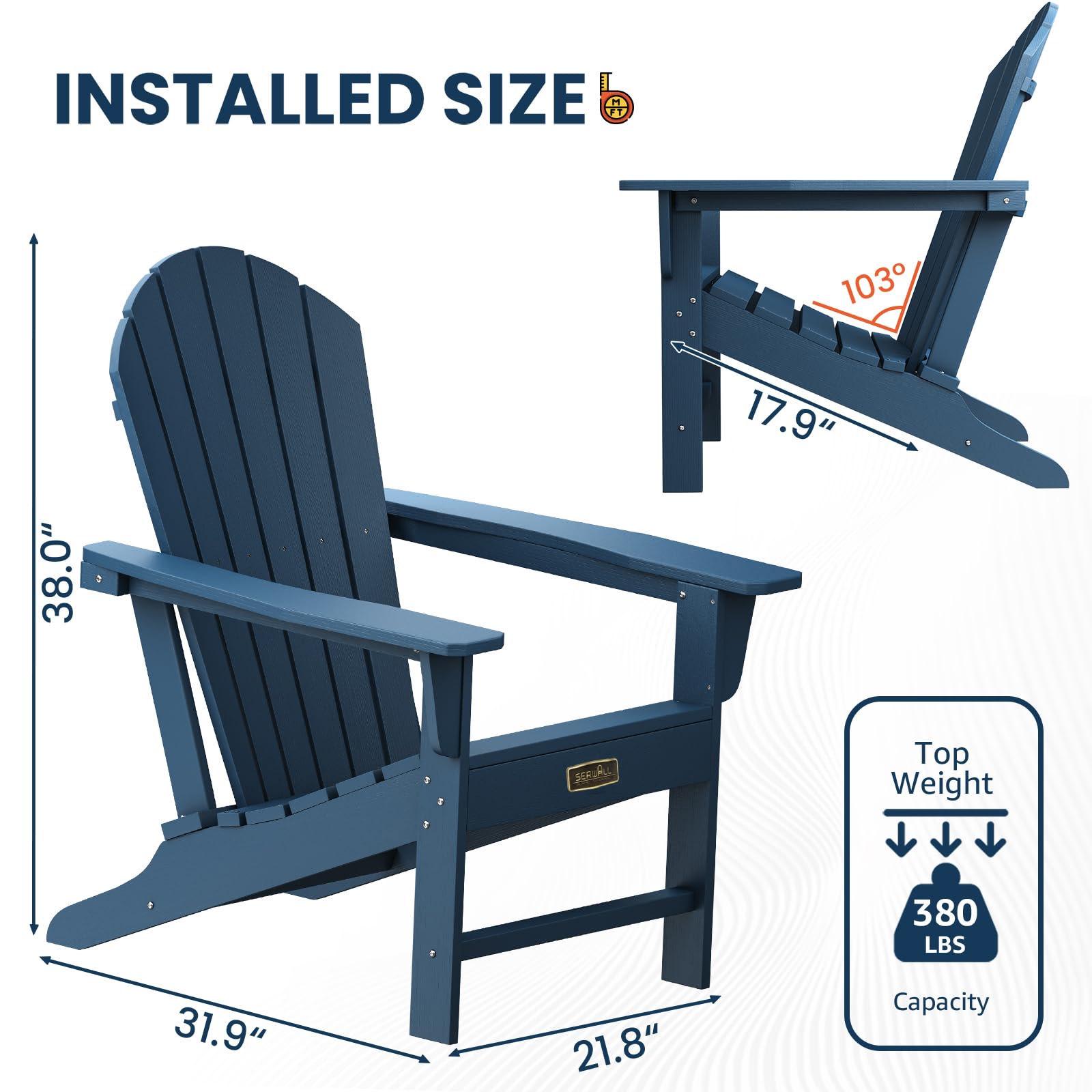 SERWALL Adirondack Chair Set of 4 - Weather-Resistant Outdoor Patio Furniture for Garden, Backyard & Lawn - Classic Design & Easy Maintenance (Blue) | Perfect for Relaxing, Lounging & Entertaining Guests