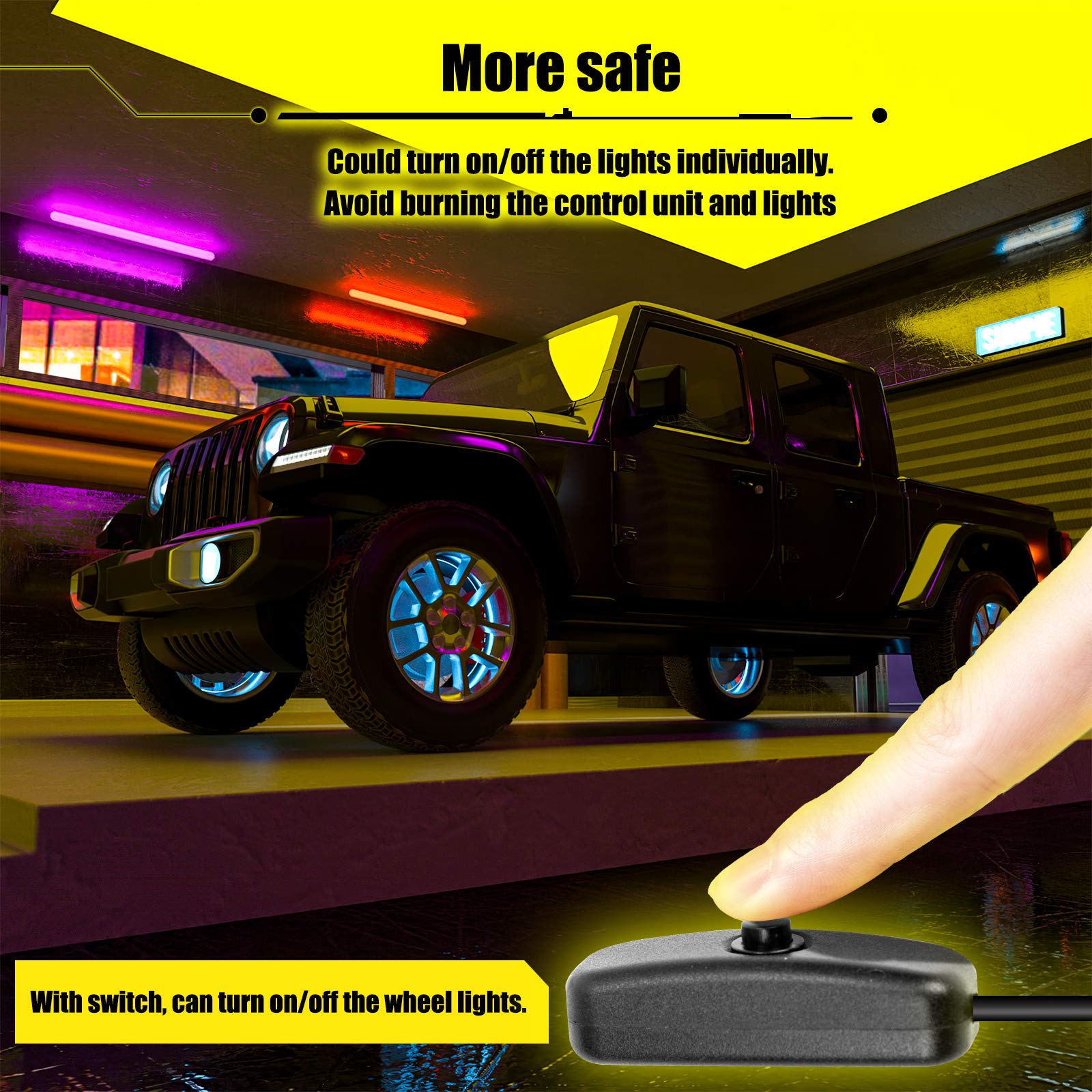 SUNPIE RGB Wheel Lights for Trucks, SUVs & Cars - Universal 19'' & 20'' Tire Rim LED Lights with Sequential Multi-Color Effects & 4PC Extension Wires - Perfect for Night Driving, Car Shows & Off-Road Adventures