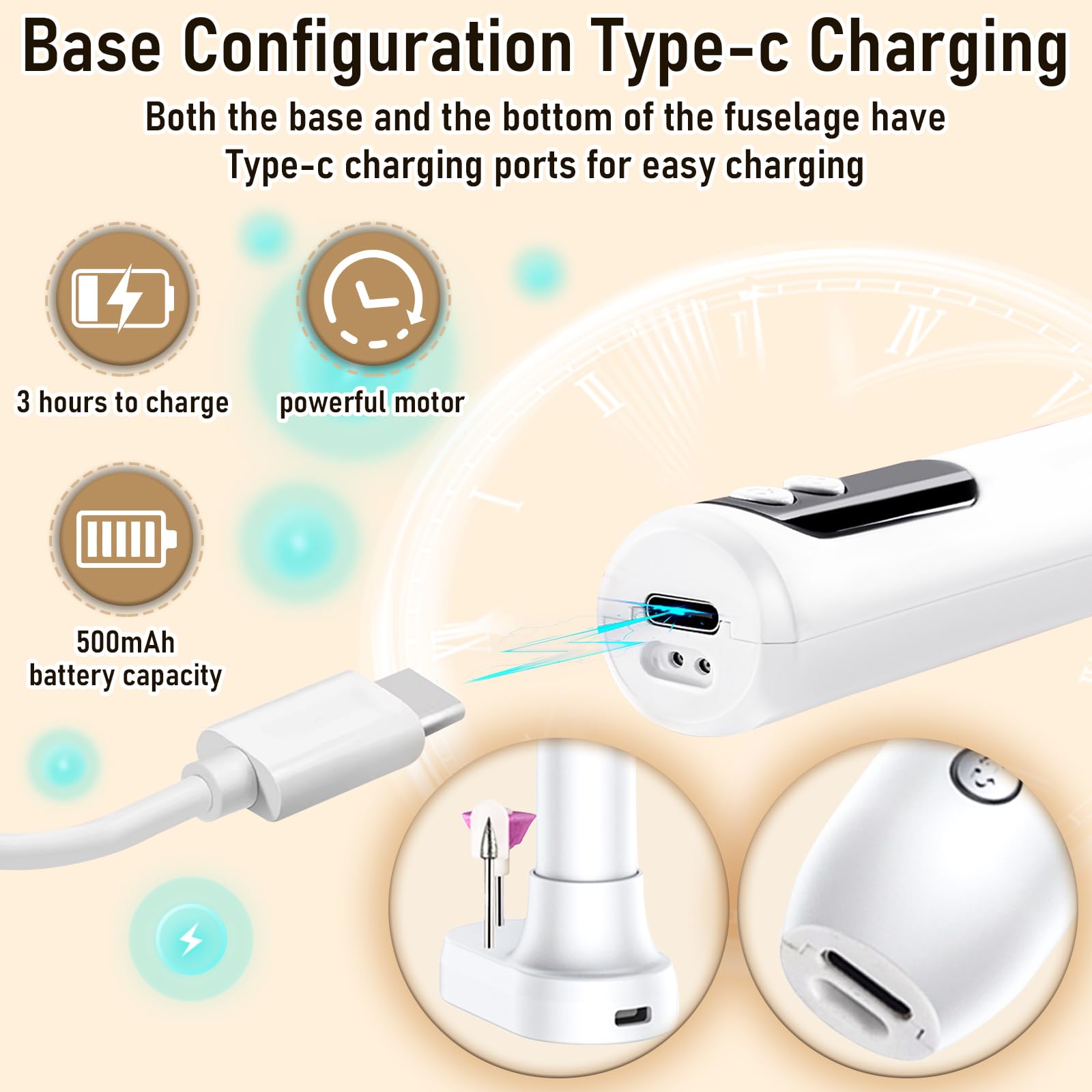 Professional Cordless Electric Nail Drill Kit - 15000RPM 3-Speed Rechargeable Manicure Pedicure Tool with Reversible Direction for Acrylic, Gel & Dip Powder Nails | Portable Nail File for Home & Salon Use | Perfect for DIY Nail Art & Professional Nail Care