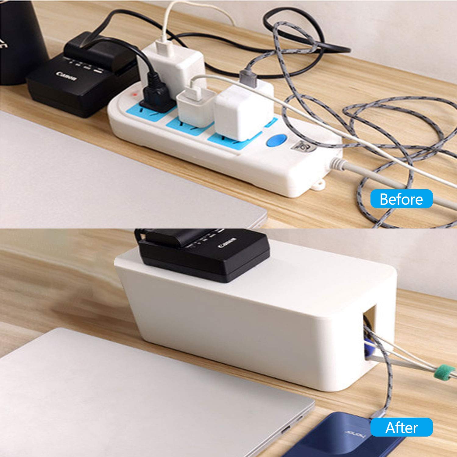 Large Medium Small Cable Management Box Set - Cord Organizer & Hider for Power Strips, Surge Protectors | Reusable Cable Ties Included | Home & Office Wire Management Solution (White) | Perfect for Desk, TV Stand & Entertainment Center Organization
