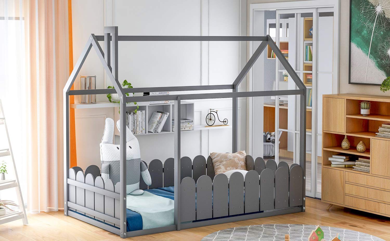 Danxee Twin Size Wooden House Bed Frame with Roof & Fence Railings - Gray Kids Bed for Playroom, Nursery or Bedroom - Perfect for Pretend Play & Cozy Sleep