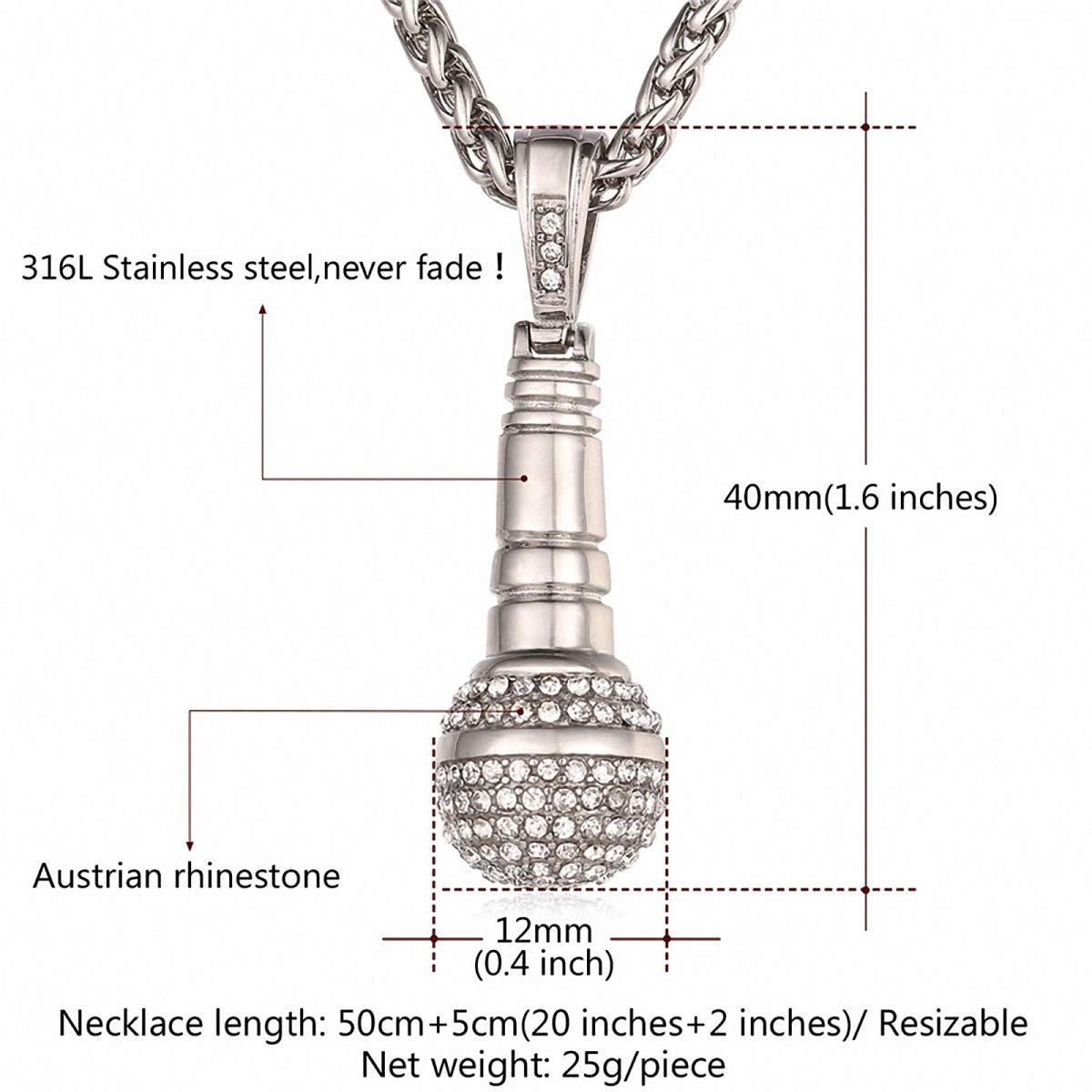 Stainless Steel Gold Rhinestone Microphone Pendant Ice Out Chain Necklace for Men & Women - Perfect for Concerts, Parties & Hip Hop Fashion