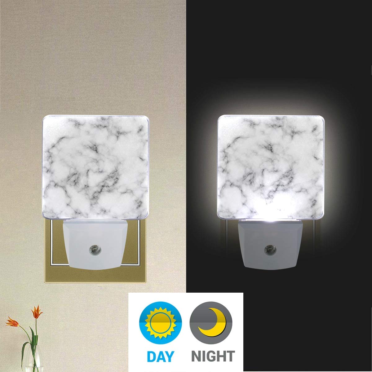 Vdsrup Marble Night Light Set of 2 - Black & White Stone Plug-in LED Night Lights with Auto Dusk-to-Dawn Sensor - Perfect for Bedroom, Bathroom, Kitchen, Hallway & Stairs - Creates Soothing Ambient Lighting for Kids Rooms, Nurseries and Home Decor