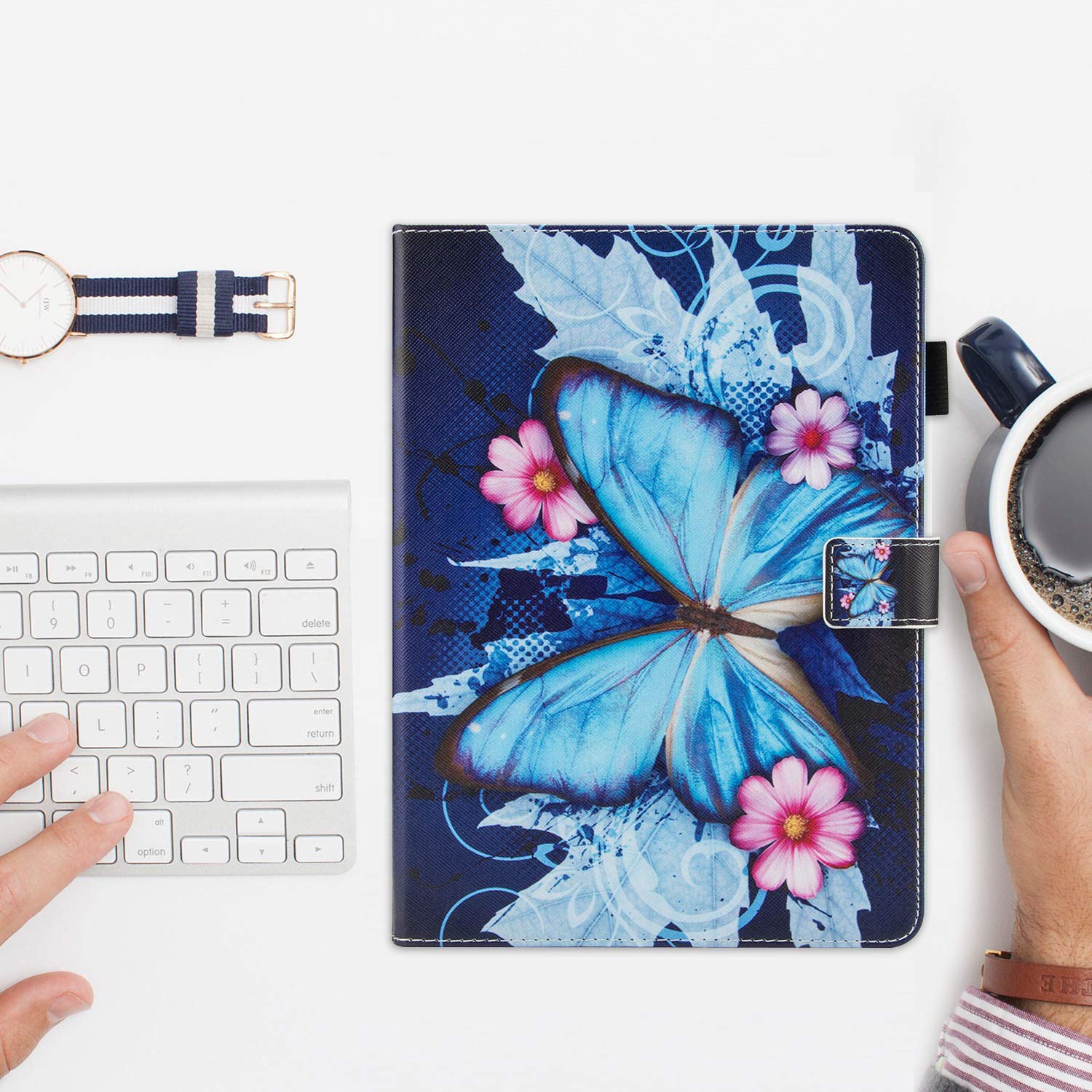 Premium PU Leather Folio Smart Cover with Auto Sleep/Wake Function - Wallet Stand Case for Apple iPad 9.7 inch (2018/2017/Air/Air 2) | Blue Butterfly Design | Perfect for Work, Travel & Home Use