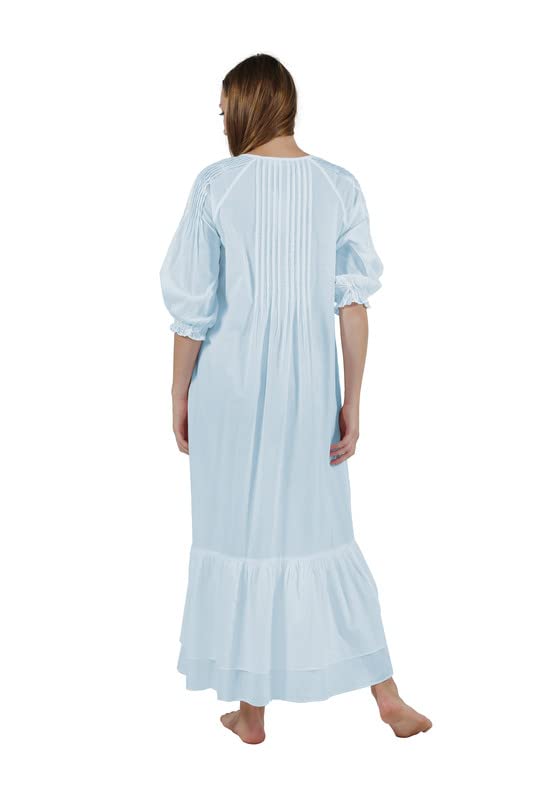 LA CERA Women's 100% Cotton Nightgown with 3/4 Sleeves, Pleated Yoke & Elastic Cuffs - Soft & Breathable Sleepwear for Women - Machine Washable - Perfect for Relaxing at Home or Overnight Stays