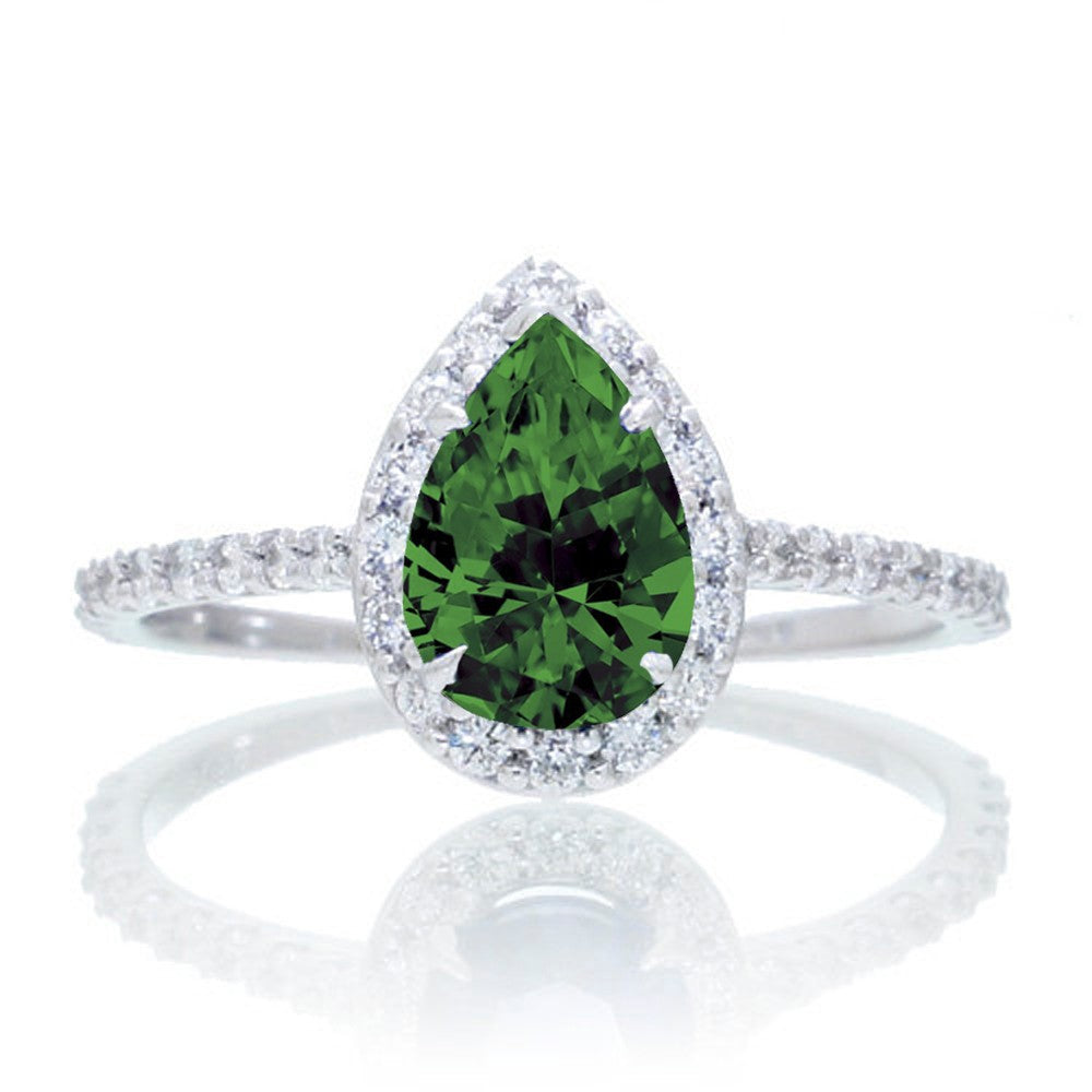 1.5 Carat Pear Cut Emerald & Moissanite Diamond Engagement Ring in 10k White Gold – Elegant Celebrity Style for Weddings & Proposals