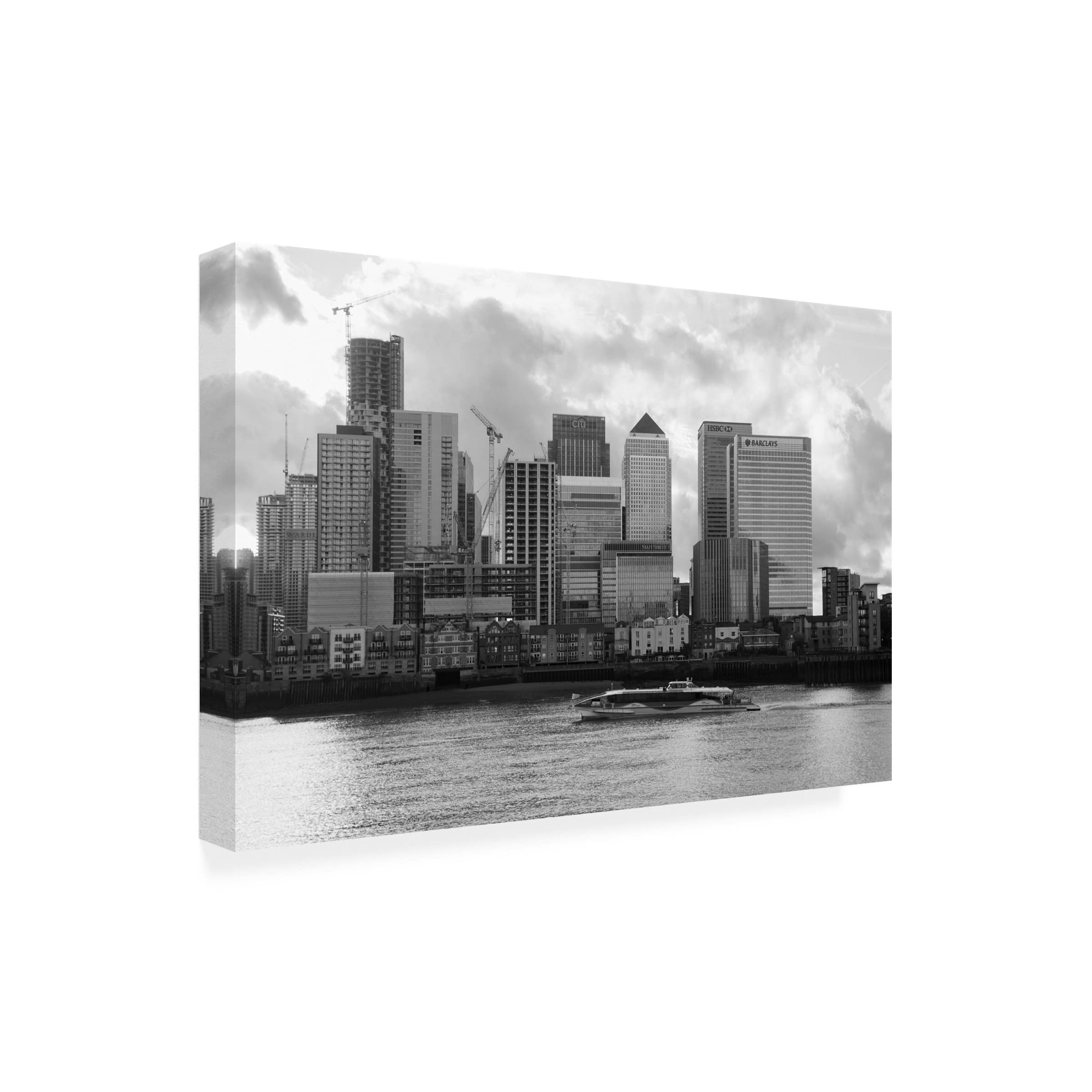 Claire Doherty 'Canary Wharf River View' Canvas Wall Art Print - Modern Office & Living Room Decor - Waterfront Cityscape Painting for Home & Business Interiors