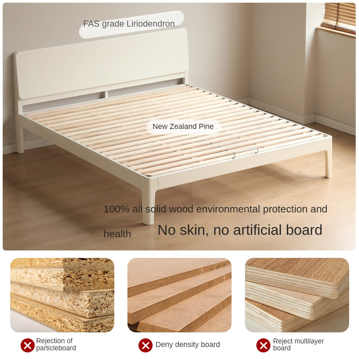 Modern Simple Cream Style Poplar Solid Wood Bed - Sturdy & Elegant for Master Bedroom, Guest Room, or Kids Room