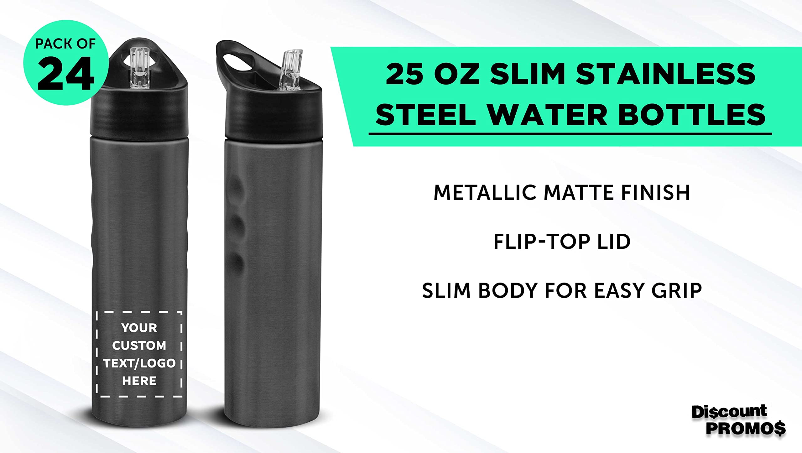 Custom Slim Stainless Steel Water Bottles 25oz - 24 Pack Bulk Order with Personalized Text & Logo - Reusable Gym & Sports Water Bottle in Charcoal - Perfect for Team Sports, Corporate Gifts & Fitness Enthusiasts