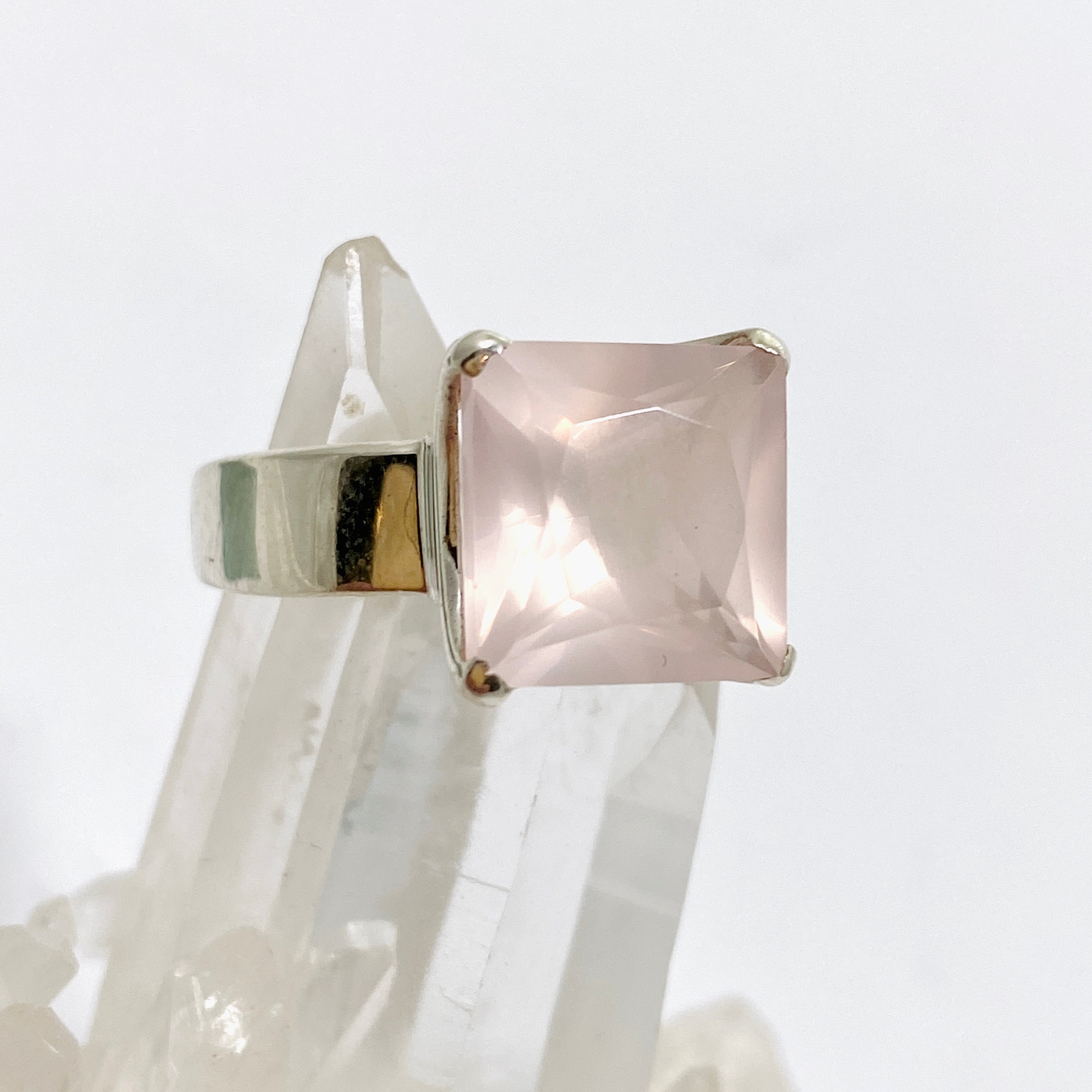 Rose Quartz Square Faceted Ring Size 9 - PRGJ878 - Elegant Healing Crystal Jewelry for Women, Perfect for Meditation, Yoga & Spiritual Gifts