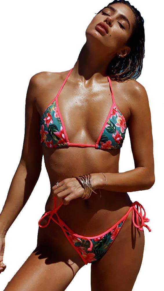 Chynna Dolls Laguna Bikini - Emerald Orchid Neon Floral Print Swimwear with Coral Trim | Perfect for Beach Vacations, Pool Parties & Summer Getaways