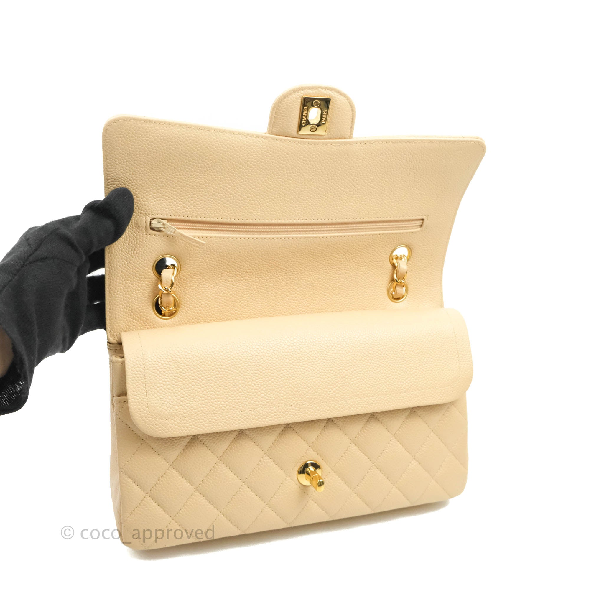 Chanel Classic Medium Double Flap Bag Quilted Beige Caviar Leather with Gold Hardware - Luxury Designer Handbag for Women, Perfect for Work, Date Night & Special Occasions