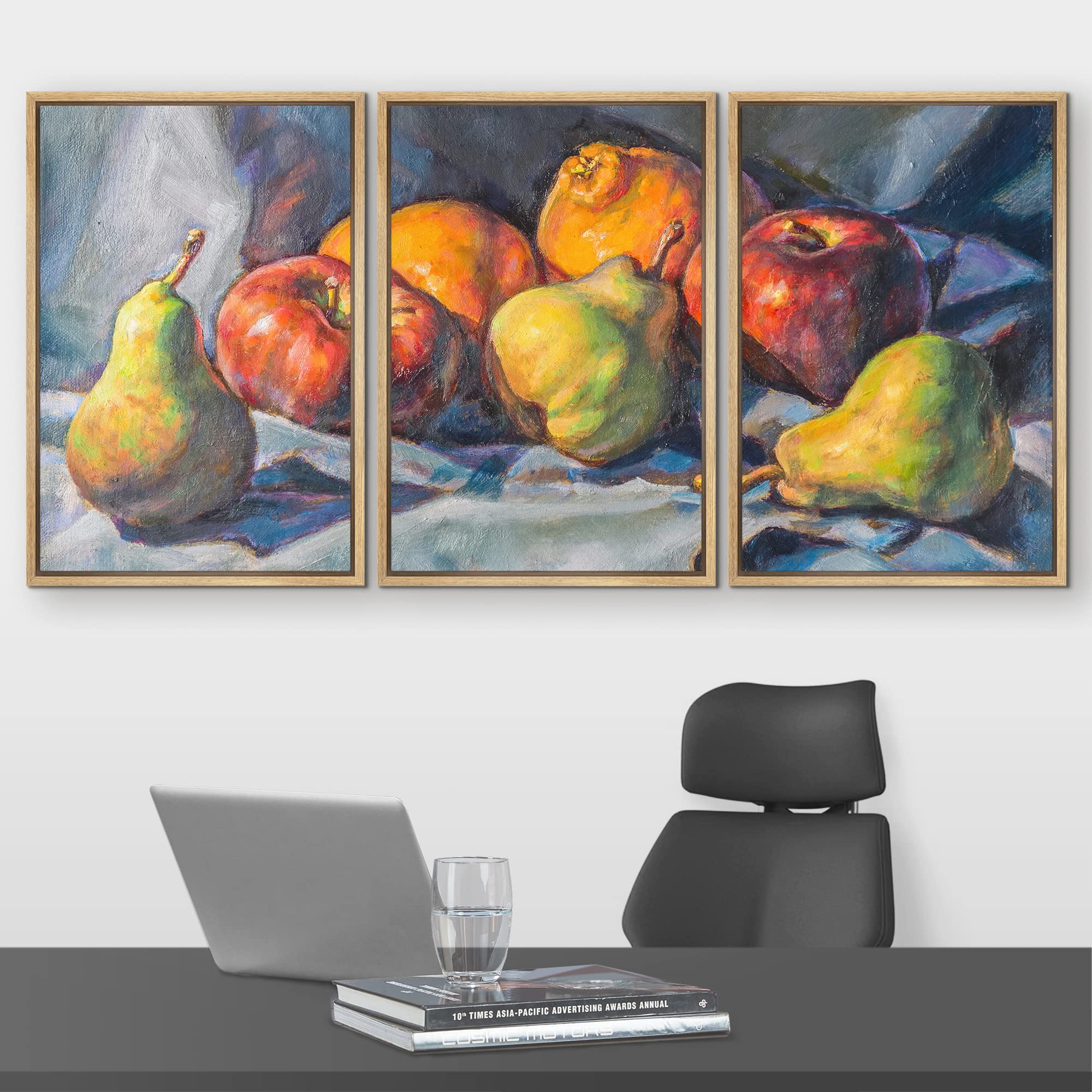 Wall26 - 3 Piece Framed Canvas Wall Art - Fruit Composition Oil Painting - Modern Home Decor Stretched & Framed Ready to Hang - 24