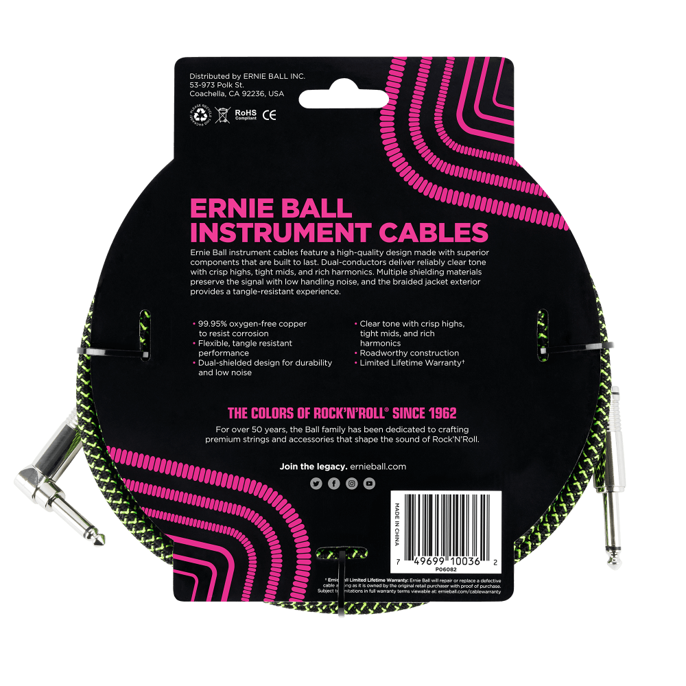 Ernie Ball 18-Foot Straight to Angle Braided Instrument Cable - Black & Green - Premium Guitar/Bass Cable for Stage & Studio Use