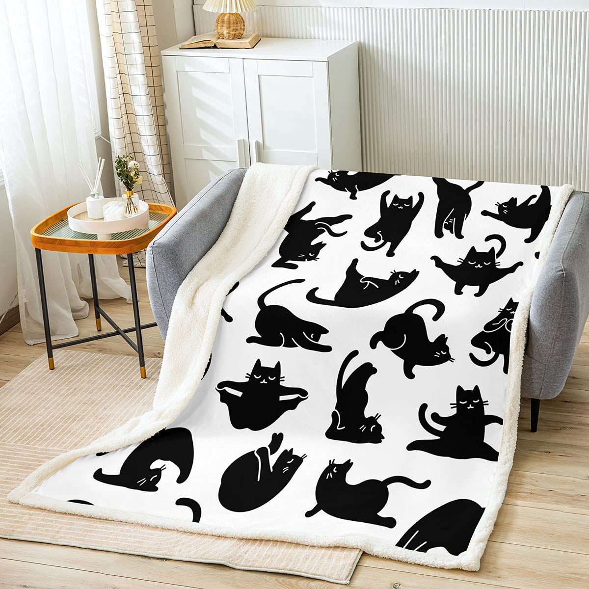 Feelyou Cute Cat Throw Blanket - Super Soft Reversible Fleece Sherpa Blanket with Kawaii Black Cat Design for Kids & Adults, 87x95 Inches - Perfect for Sofa, Bed, Couch, Yoga & Pet Snuggling
