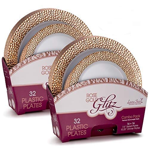 Laura Stein Designer 64-Piece Premium Plastic Dinnerware Set - White with Rose Gold Rim - 32 Dinner Plates (10.75
