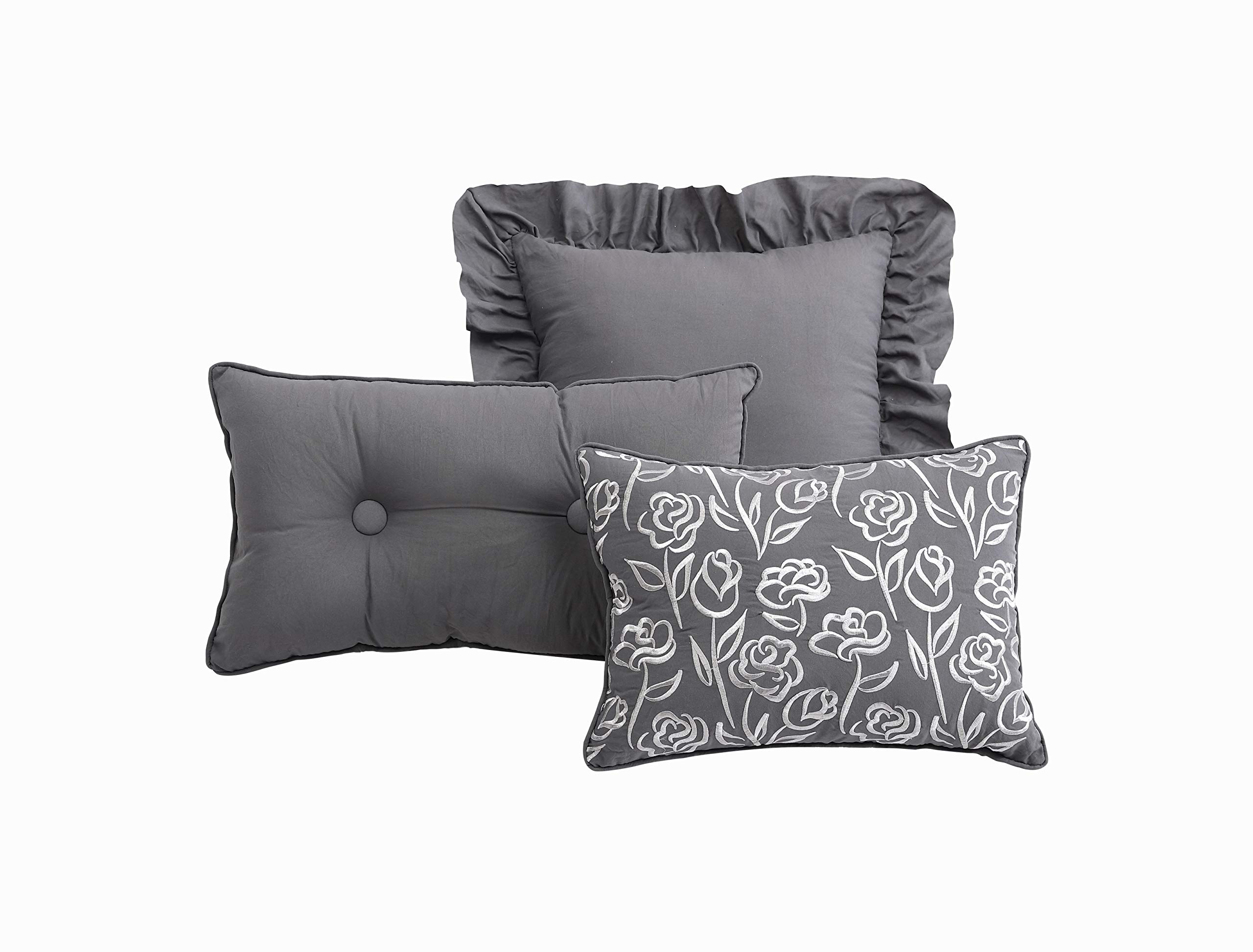 Davina 5-Piece Gray Enzyme Washed Comforter Set with 3 Decorative Pillows - Twin Size Bedding Set for Cozy Bedroom & Guest Room Decor