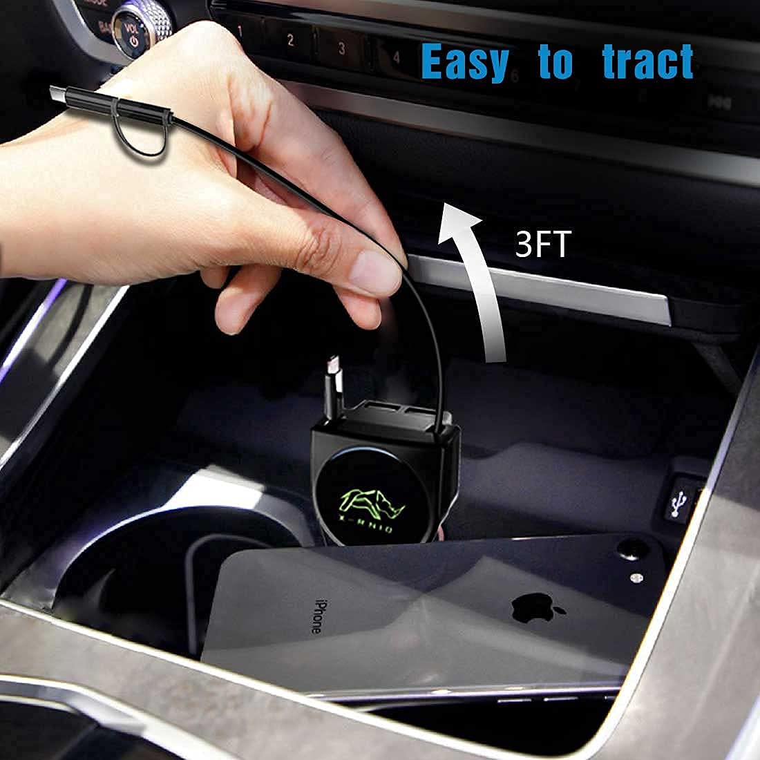 Fast Charging 47W Retractable Car Charger with 2 USB Ports & 3Ft Cables - Compatible with iPhone 15/14/13, Samsung Galaxy, Android Phones - Perfect for Road Trips & Daily Commute