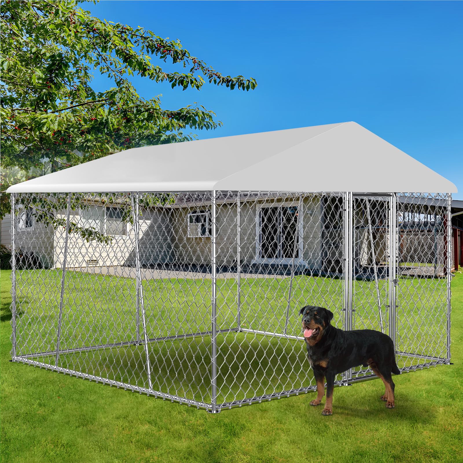 10x10x7FT Heavy Duty Outdoor Dog Kennel with Roof & Lock - Large Chain Link Dog House Pen Enclosure with Sidebar for Backyard - Perfect for Large Breed Protection, Pet Safety & Outdoor Shelter