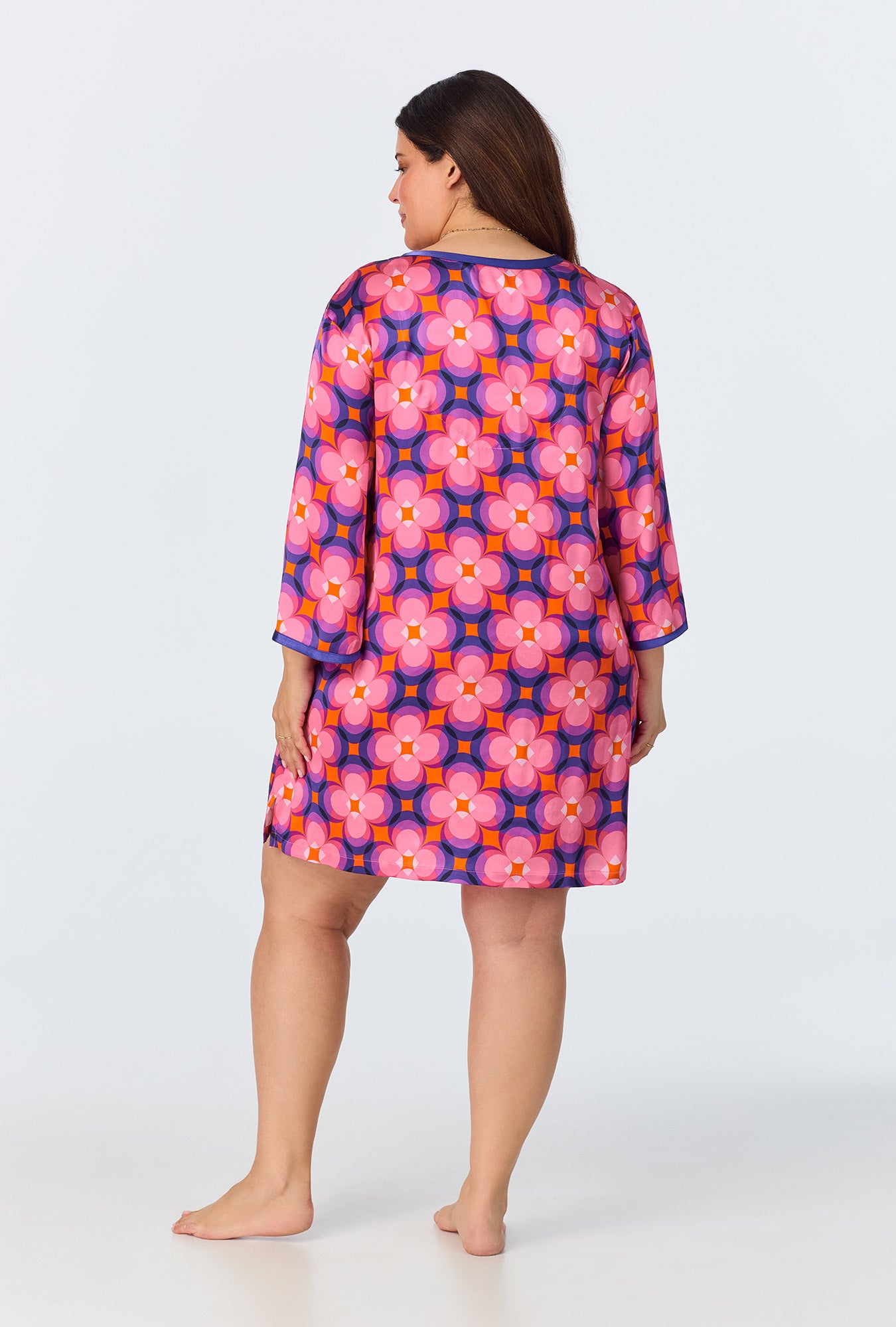 BedHead x Trina Turk Space Cat Short Sleeve Classic Woven Washable Silk Caftan Dress - Stylish Summer Beach Cover Up & Boho Chic Lounge Wear