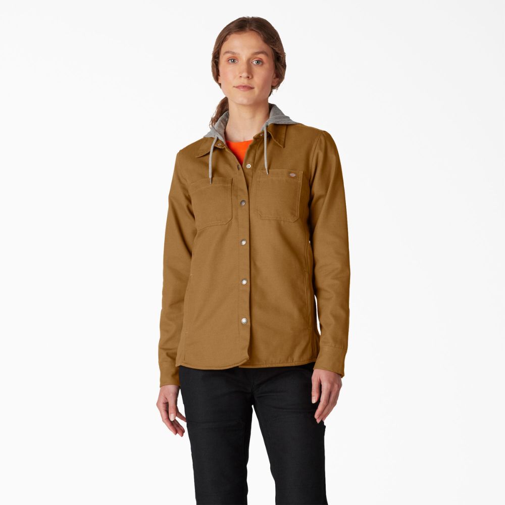 Dickies Women's Duck Hooded Shirt Jacket - Brown FJ077 | Water-Resistant Workwear for Outdoor Activities & Casual Wear