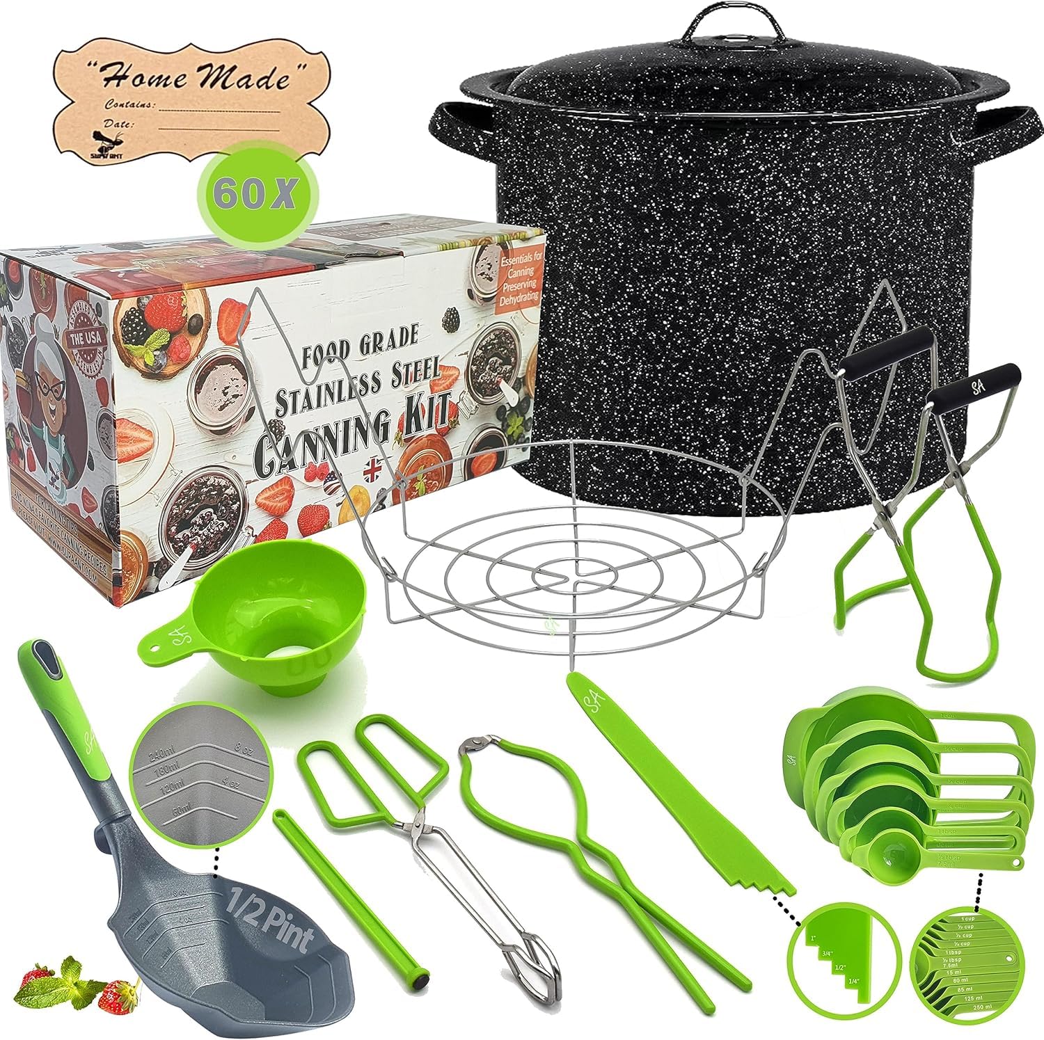 Stainless Steel Water Bath Canning Pot with Rack & Lid - Complete Canning Starter Kit for Beginners - Includes XL Ladle, Measuring Cups & Kitchen Funnel - Perfect for Home Canning Fruits, Vegetables & Jams