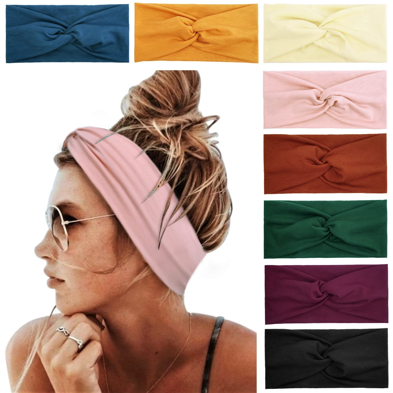 Non-Slip Boho Headbands for Women & Teen Girls - 8 Pack Solid Color Turban Hair Bands | Fashion Accessories for Yoga, Workouts & Everyday Style