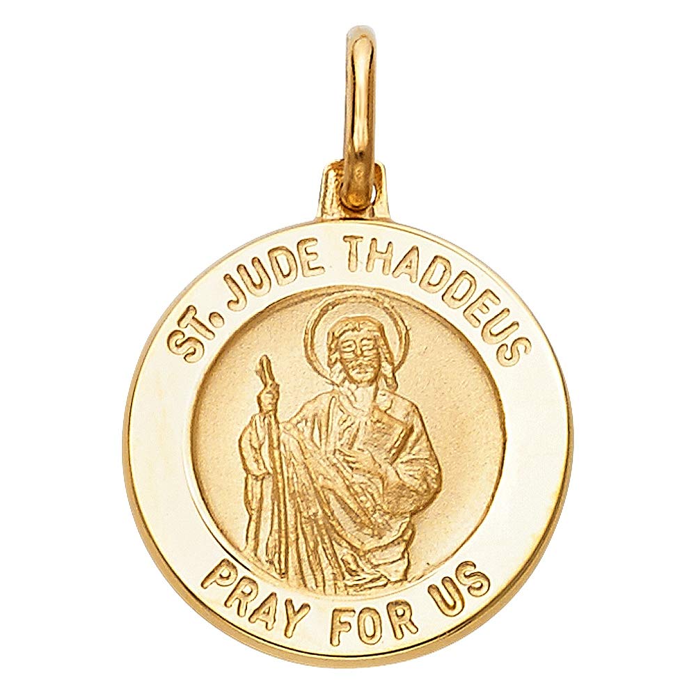 14K Yellow Gold St. Jude Round Medal 18mm Pendant Necklace for Women - Religious Jewelry Gift for Baptism, First Communion & Spiritual Protection