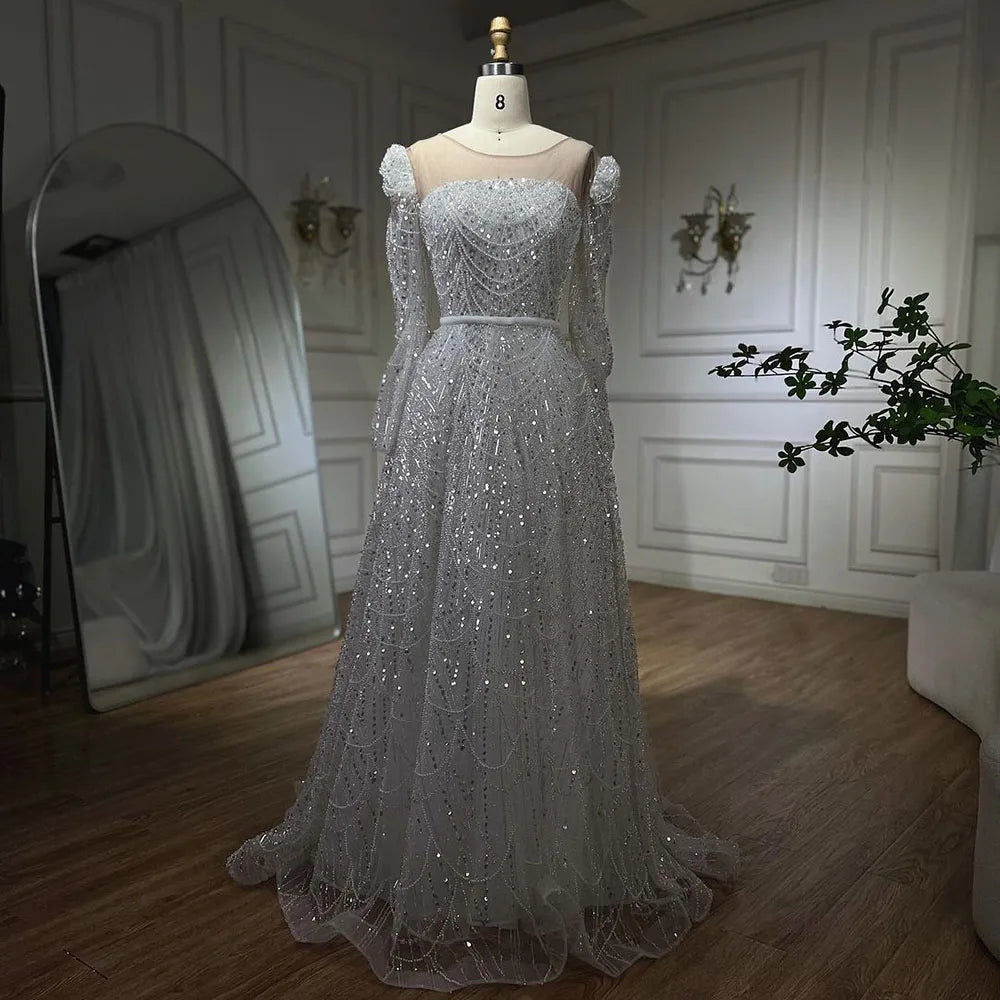 Elegant Dubai White A-Line Luxury Evening Dress with Pearl Beading - Long Sleeve Women's Gown for Weddings, Parties & Special Occasions | Perfect for Bridal Showers, Galas & Formal Events
