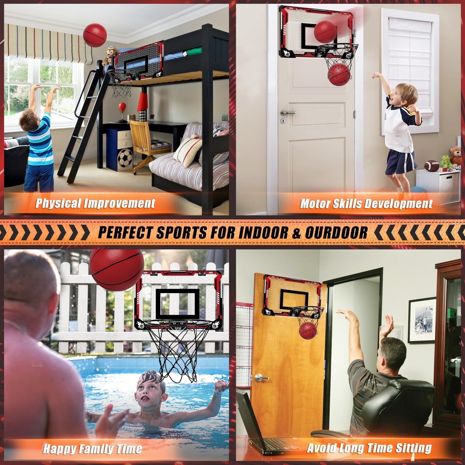Mini Basketball Hoop for Kids & Adults - Indoor Over The Door Foldable Hoop with 4 Balls, Fan Backboard - Perfect for Bedroom, Office, or Playroom Games - Great Birthday Gift for Boys, Girls & Teens Ages 3+