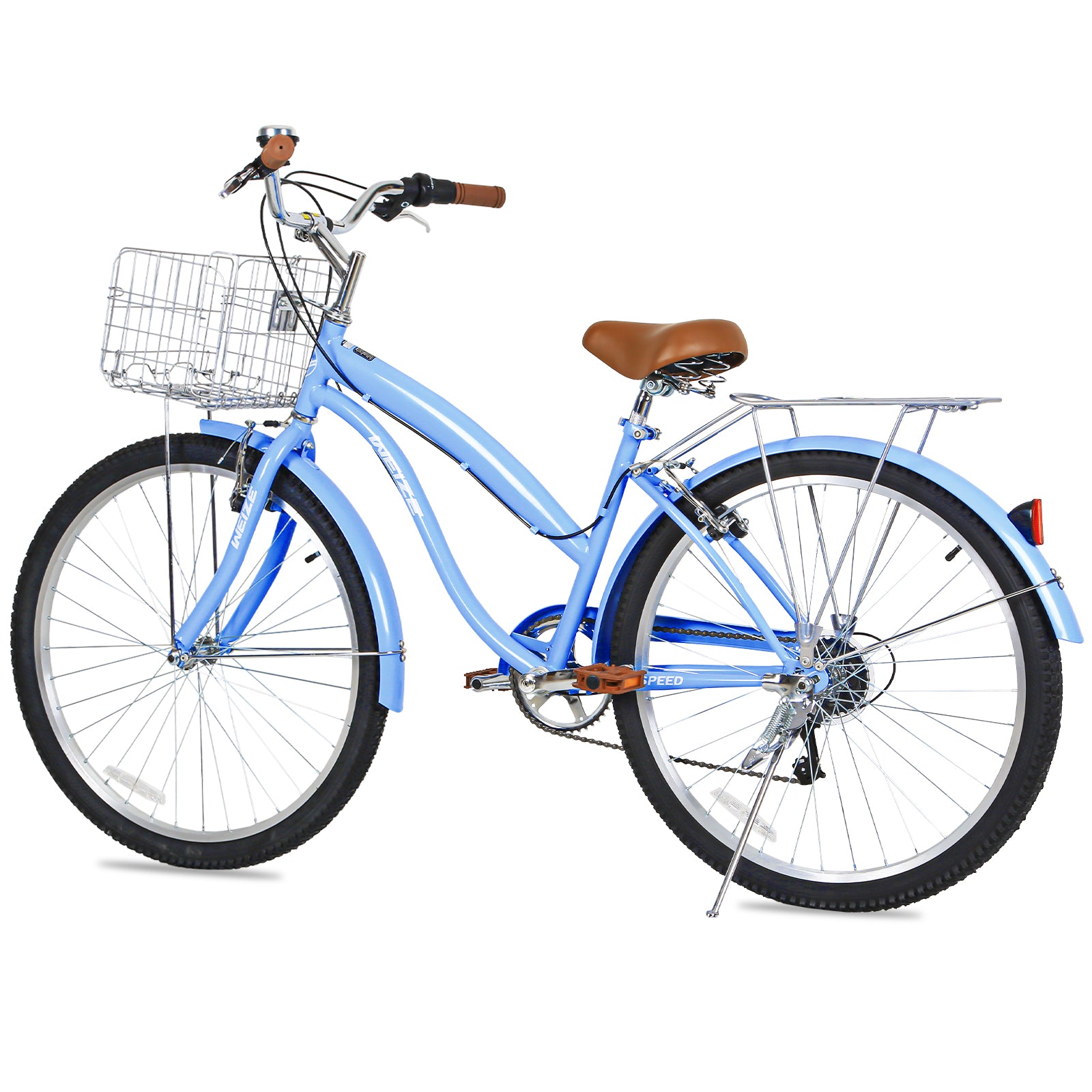 WEIZE 26 Inch Blue Beach Cruiser Bike for Adults - 7 Speed Comfortable Commuter Bicycle with Padded Seat - Perfect for Beach Rides, City Commuting & Leisure Cycling