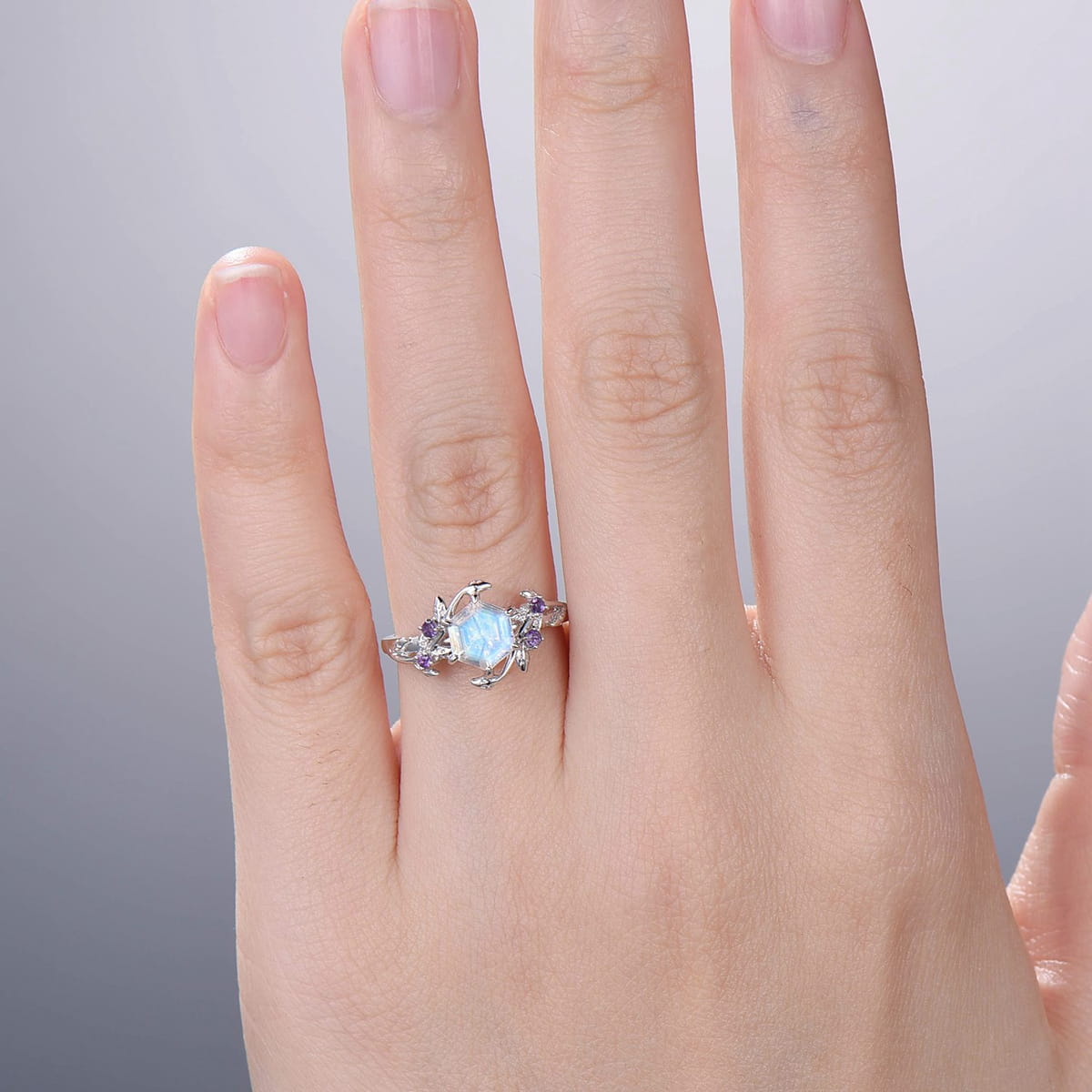 Vintage Moonstone & Amethyst Twig Engagement Ring - Elegant Nature-Inspired Leaf Cluster Wedding Band for Women (Rainbow Blue Gemstone) | Perfect for Boho Bridal, Nature Weddings & Unique Jewelry Gifts