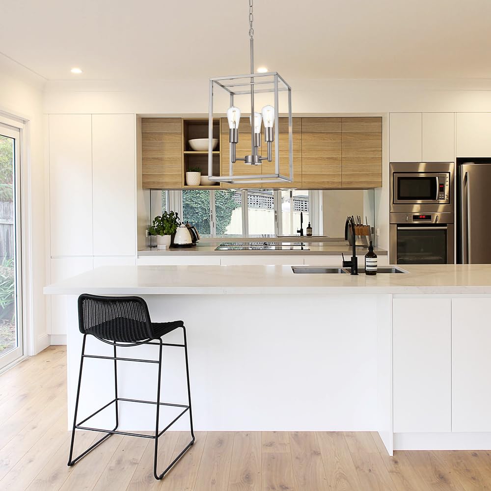 3-Light Brushed Nickel Chandelier - Industrial Pendant Lighting Fixture with Modern Metal Cage Design for Ceiling - Perfect for Foyer, Dining Room, Kitchen Island & Farmhouse Decor