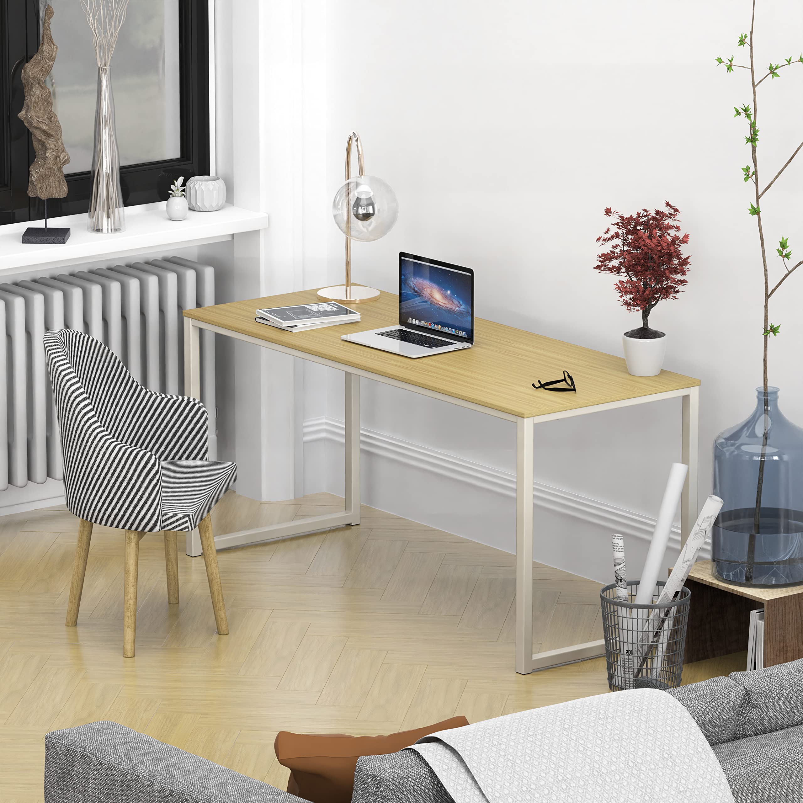 SHW Mission 55-Inch Home Office Computer Desk - Solid Oak Wood Writing Table with Storage Shelf | Perfect for Remote Work, Gaming Setup & Study Room Furniture