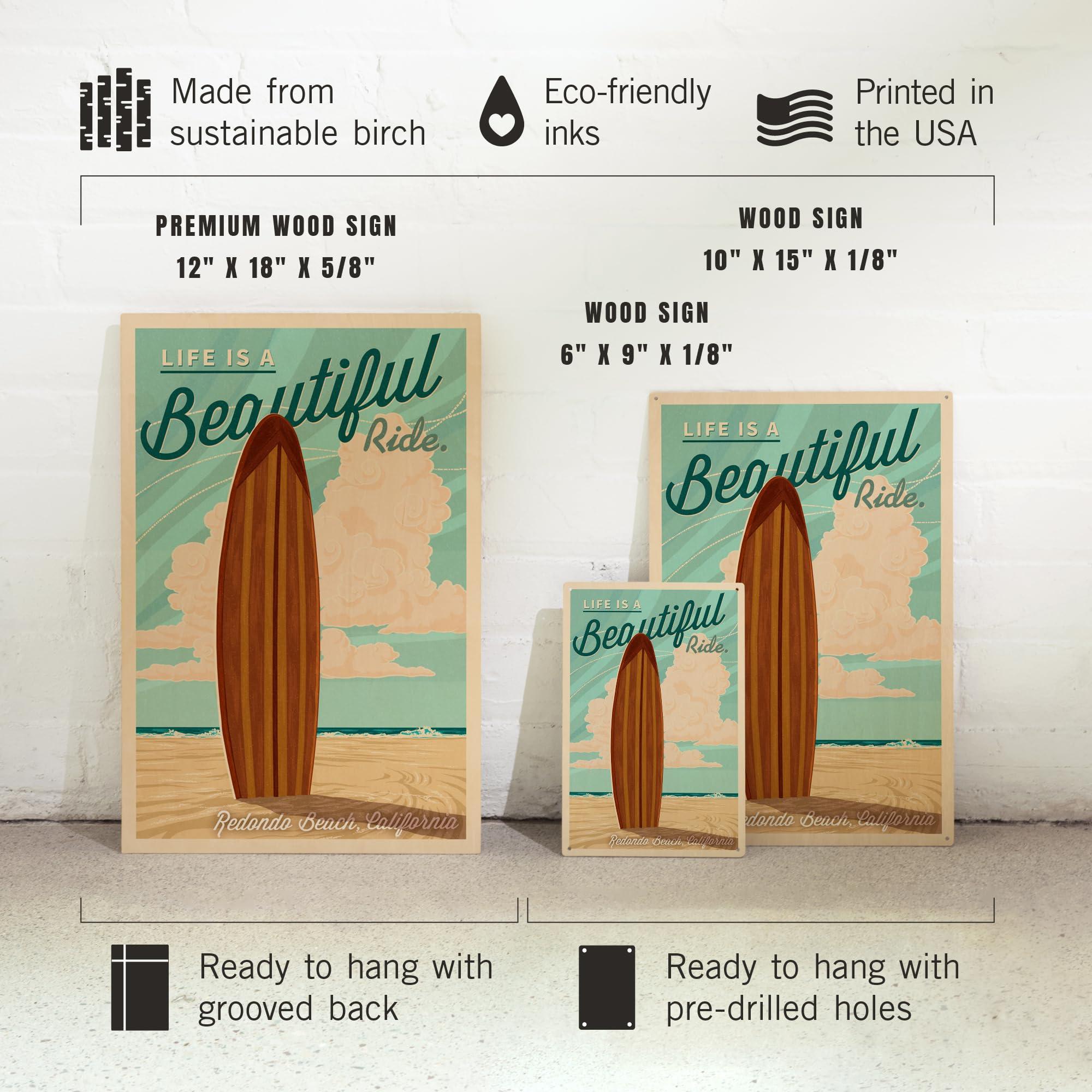 Lantern Press 12x18 Inch Premium Wood Wall Sign - Ready to Hang Coastal Decor with 'Life is a Beautiful Ride' Surfboard Design - Perfect for Beach House, Living Room or Office in Redondo Beach California Style