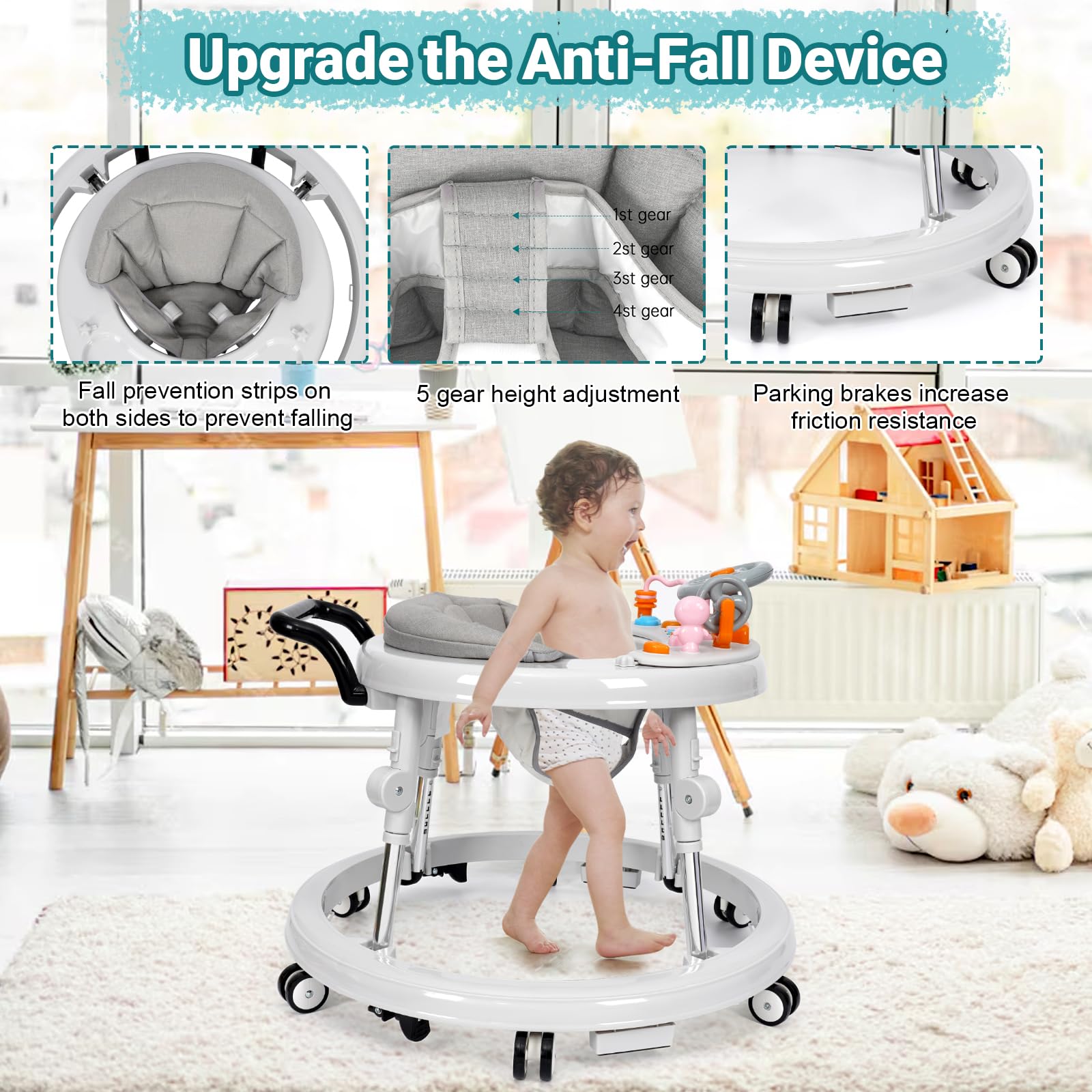 Foldable Baby Walker with Music & Lights - 9 Adjustable Heights, Wheels & Activity Center for Boys & Girls 7-18 Months (White) | Portable Learning Walker for First Steps & Indoor Play
