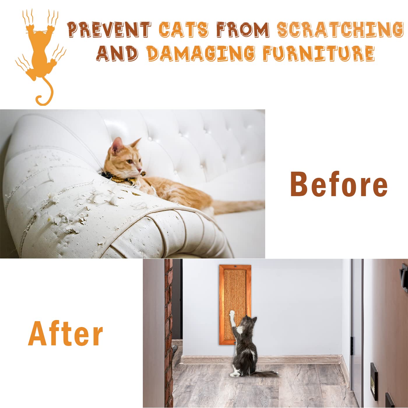 Premium 2-Pack Wooden Sisal Cat Scratching Post - Wall Mounted & Floor Standing Vertical Cat Scratcher for Indoor Cats & Kittens | Protects Furniture & Walls | Perfect for Living Rooms, Bedrooms & Home Offices