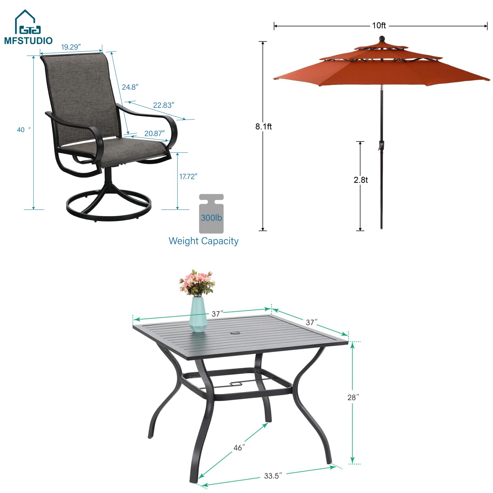 MFSTUDIO 4-Piece Outdoor Dining Set with Square Metal Table & 4 Swivel Chairs - Orange Red Patio Umbrella (Base Not Included) - Perfect for Backyard, Garden, Deck & Poolside Entertaining