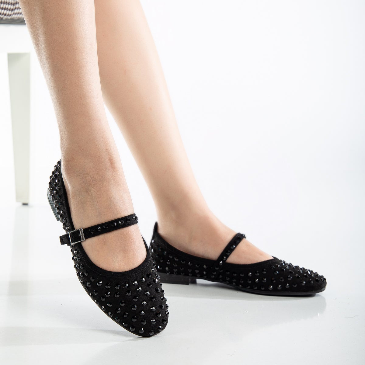 Emilie Black Studded Crystal Mary Jane Flats for Women - Elegant Comfortable Dress Shoes for Weddings, Parties & Formal Occasions