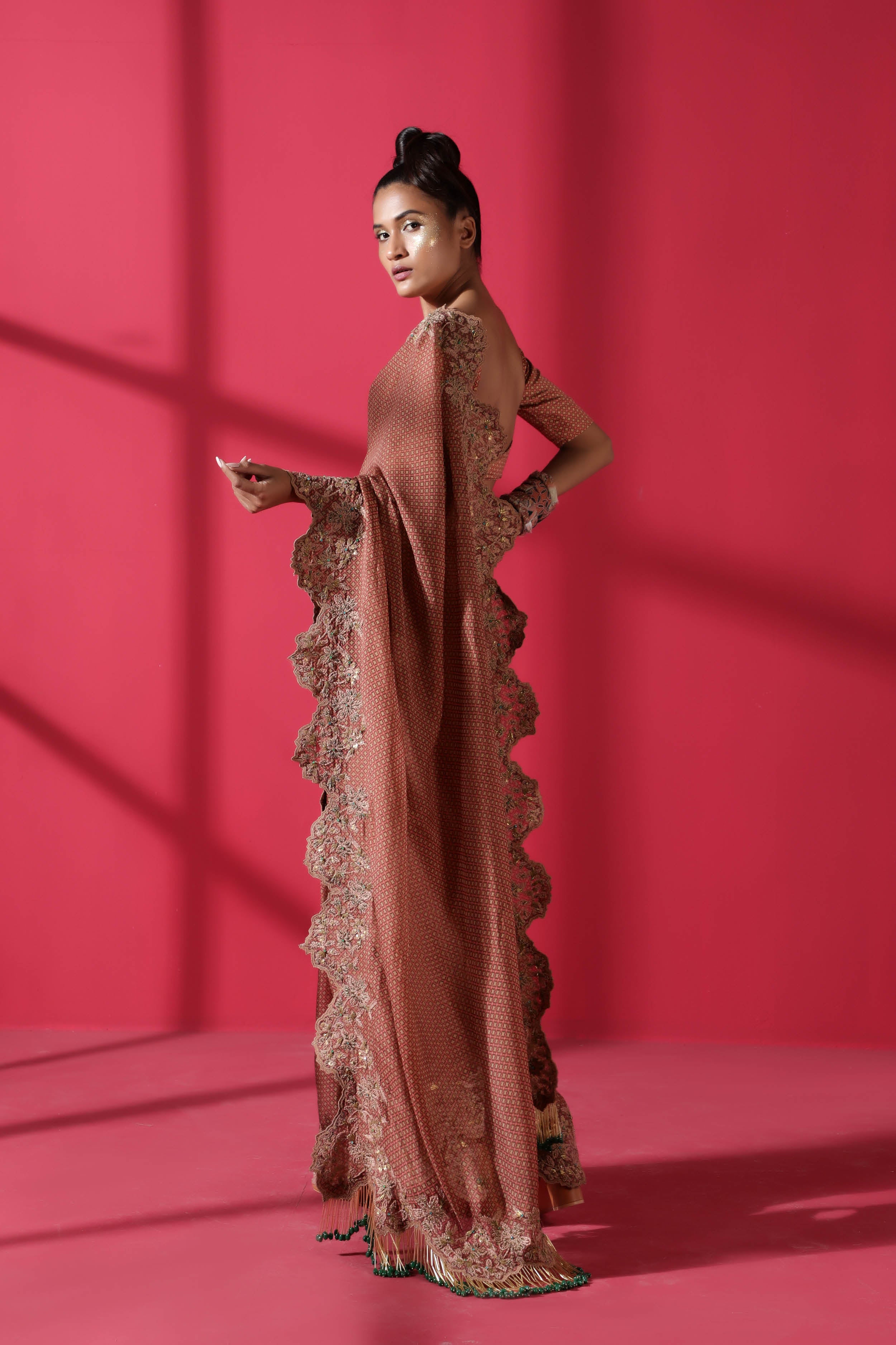 Elegant Terracotta Tile Print Two Piece Prepleated Saree with Organic Cotton Satin Blouse for Women - Perfect for Weddings, Parties & Festive Occasions