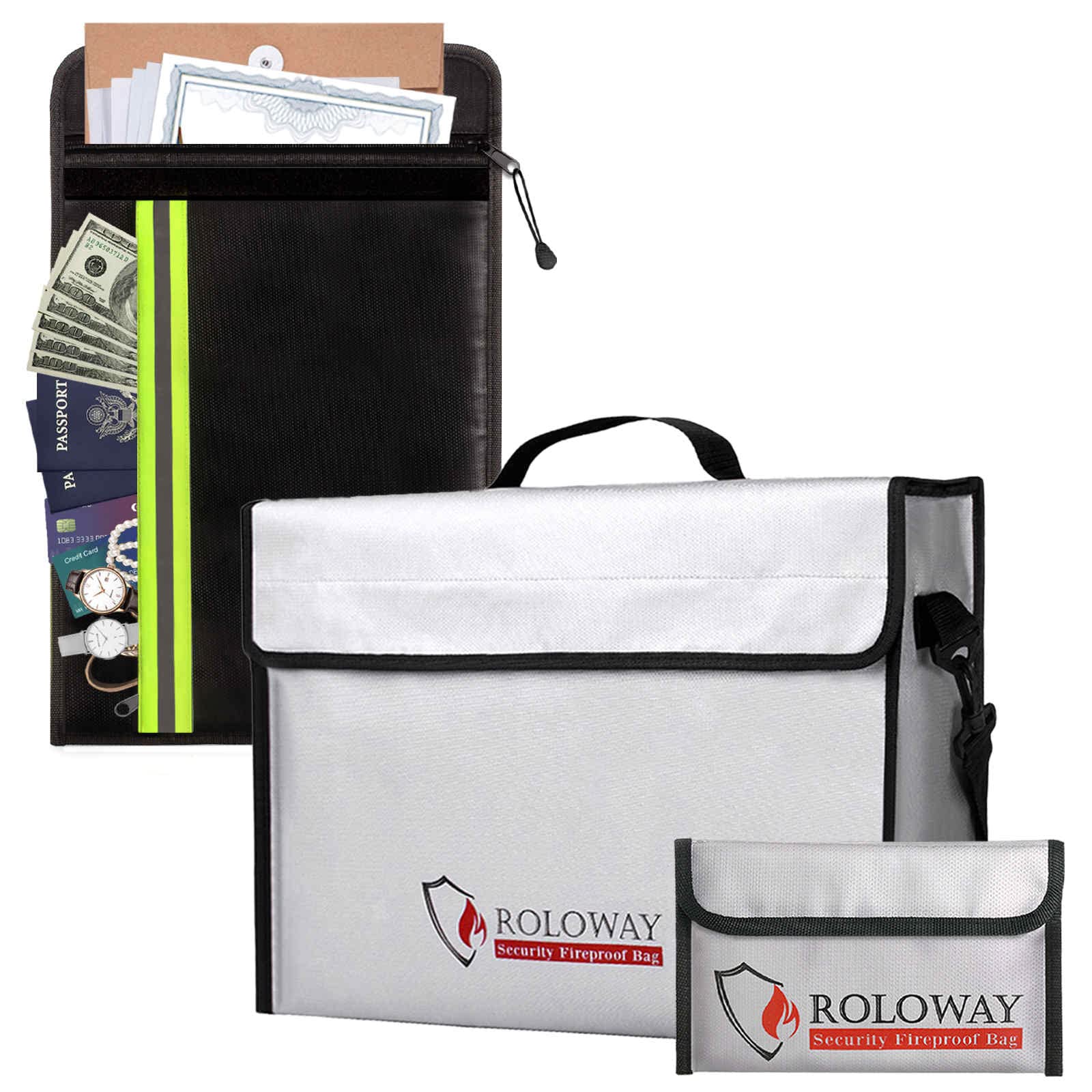 Fireproof Document Bag with 2 Pockets - Large Fireproof Money Bag Set (Black & Silver) | Waterproof & Heat Resistant for Important Documents, Cash, Passports | Home, Office & Travel Safety Storage Solution