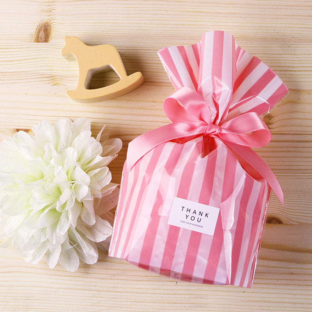 YESON Pink Stripe Clear Cello Bags - 50 Pack for Candy & Treats - Party Favors & Gifts