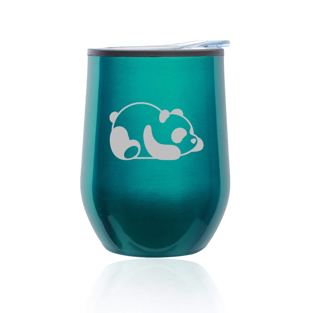 Stemless Wine Tumbler with Lid - 16oz Insulated Coffee Travel Mug Glass - Cute Lazy Panda Design (Turquoise Teal) - Perfect for Hot/Cold Drinks, Office, Picnics & Gifts