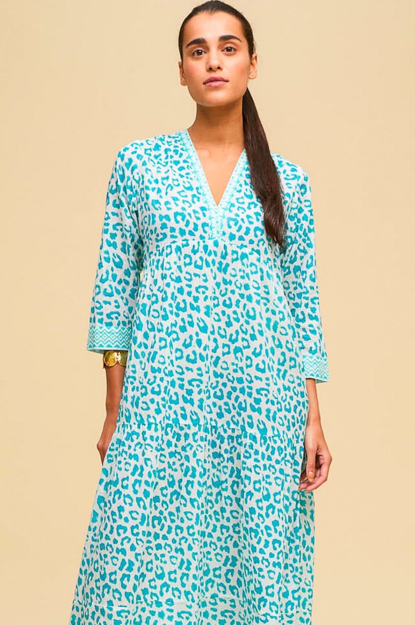 Mykonos Maxi Dress - Soft Cheetah Print in White & Turquoise | Perfect for Beach Vacations, Summer Parties & Boho Fashion