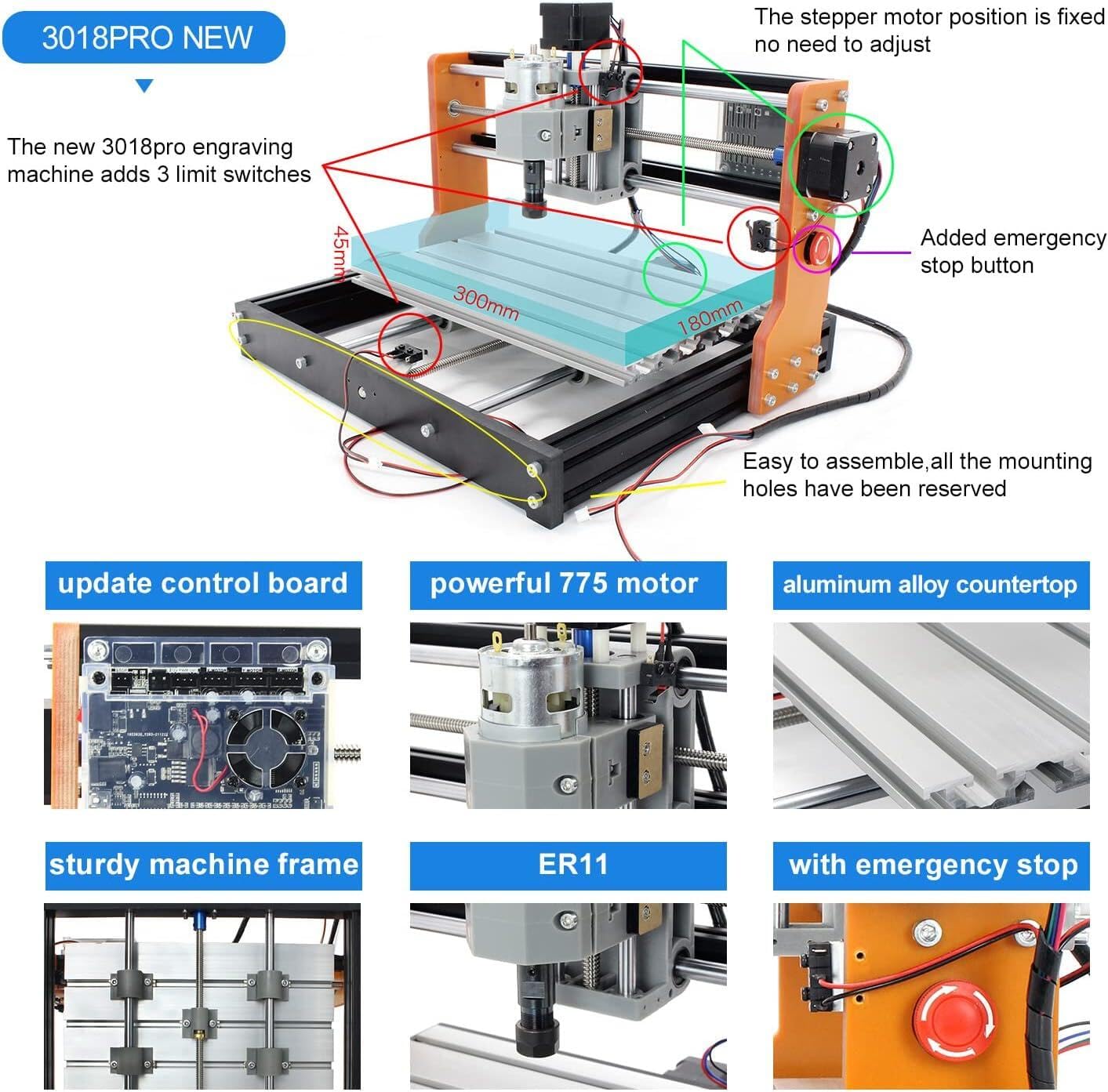 CNCTOPBAOS 3018-PRO CNC Router Machine Kit with Limit Switches & Emergency Stop | DIY Mini 3-Axis Milling Machine for Wood, Acrylic, PVC & PCB Engraving | GRBL Control | Perfect for Hobbyists, Woodworking & DIY Projects