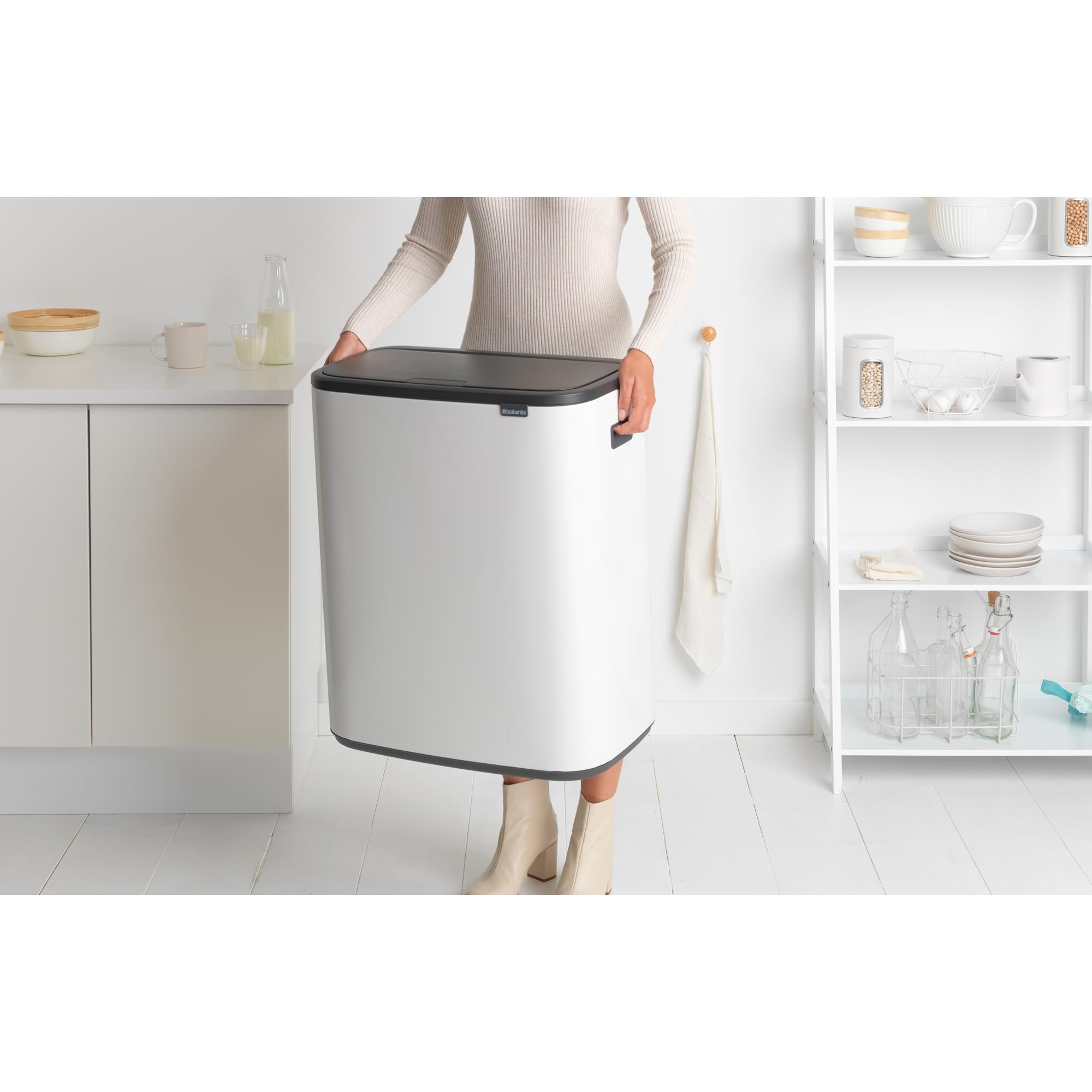 Brabantia Bo Touch Top 16 Gallon Trash Can - Soft Open/Close Kitchen Garbage Bin with Removable Recycling Compartment, White | Perfect for Modern Kitchens & Eco-Friendly Waste Sorting