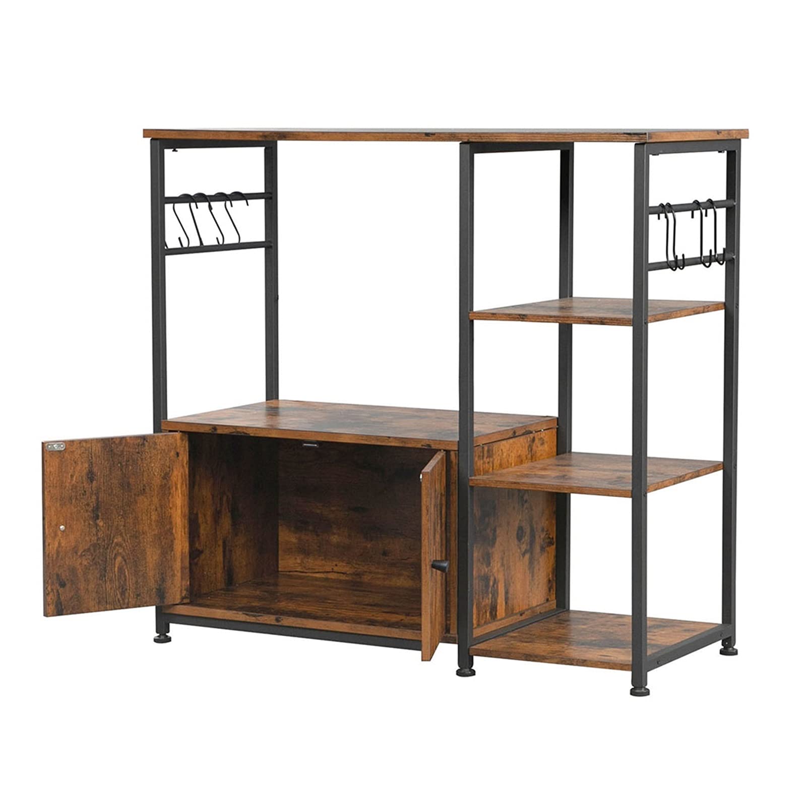 4-Tier Microwave Storage Rack with Cabinet & 8 Hooks - Space-Saving Kitchen Organizer for Baking Supplies & Utensils - Perfect for Small Kitchens, Apartments & Dorm Rooms