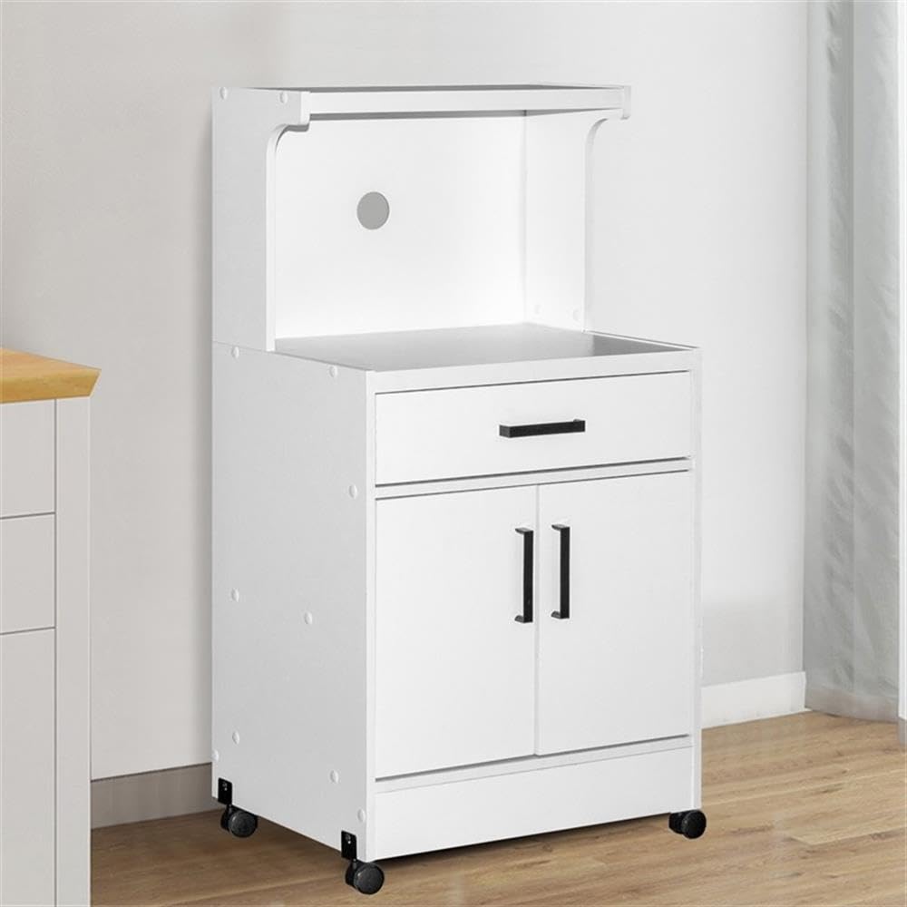 Better Home Products Shelby White Wooden Microwave Cart - Compact Kitchen Storage with Wheels for Small Spaces, Apartments & Dorm Rooms